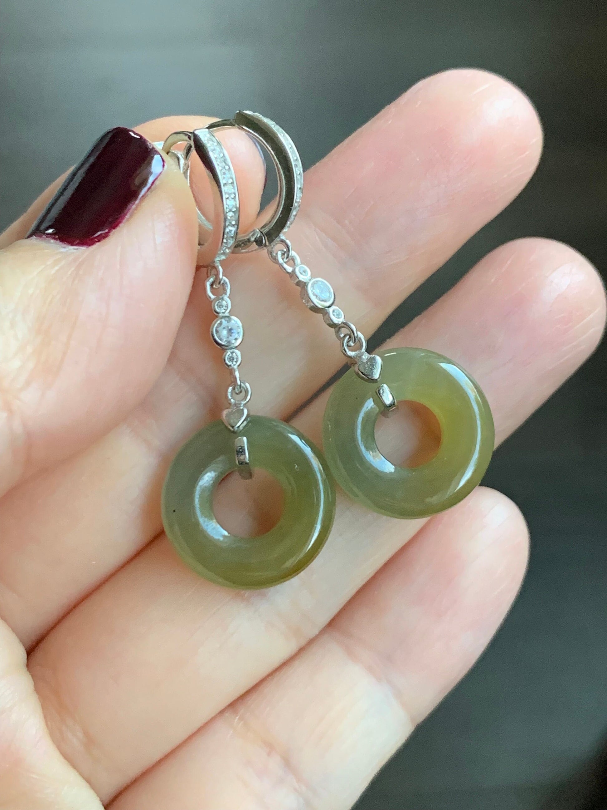 Natural Guatemalan Icy Translucent Yellow Jadeite Ping An Kou Donut Dangle Huggie Earrings Sterling Silver 天然冰危黄翡翠平安扣银耳包 S