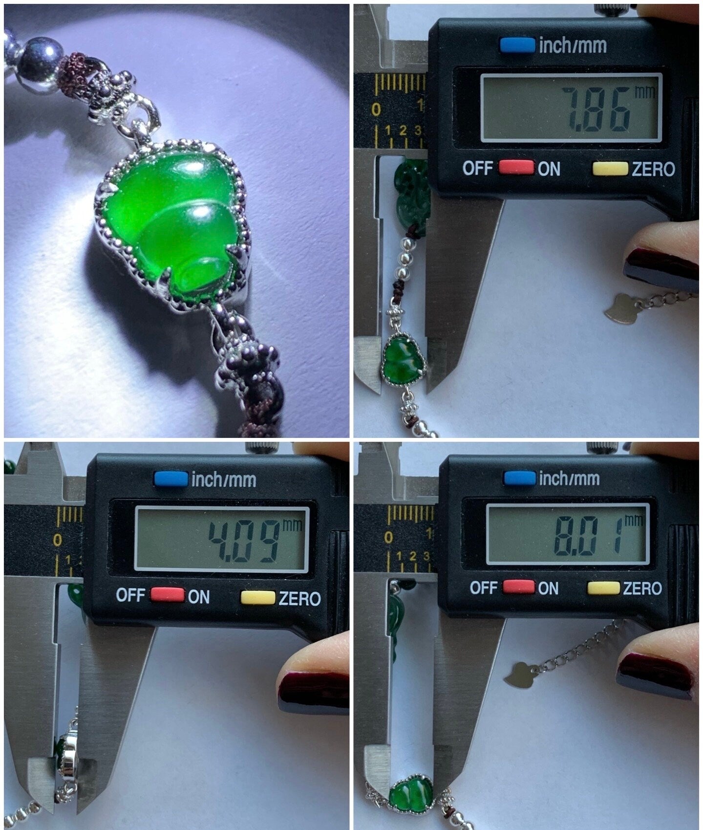 Natural Guatemalan Icy Vibrant Green Jadeite Butterfly & Gourd Burmese Green Jadeite Beaded Bracelet 7.25” S925 Silver 天然冰危绿翡翠蝴蝶葫芦缅甸花青翡翠银手链
