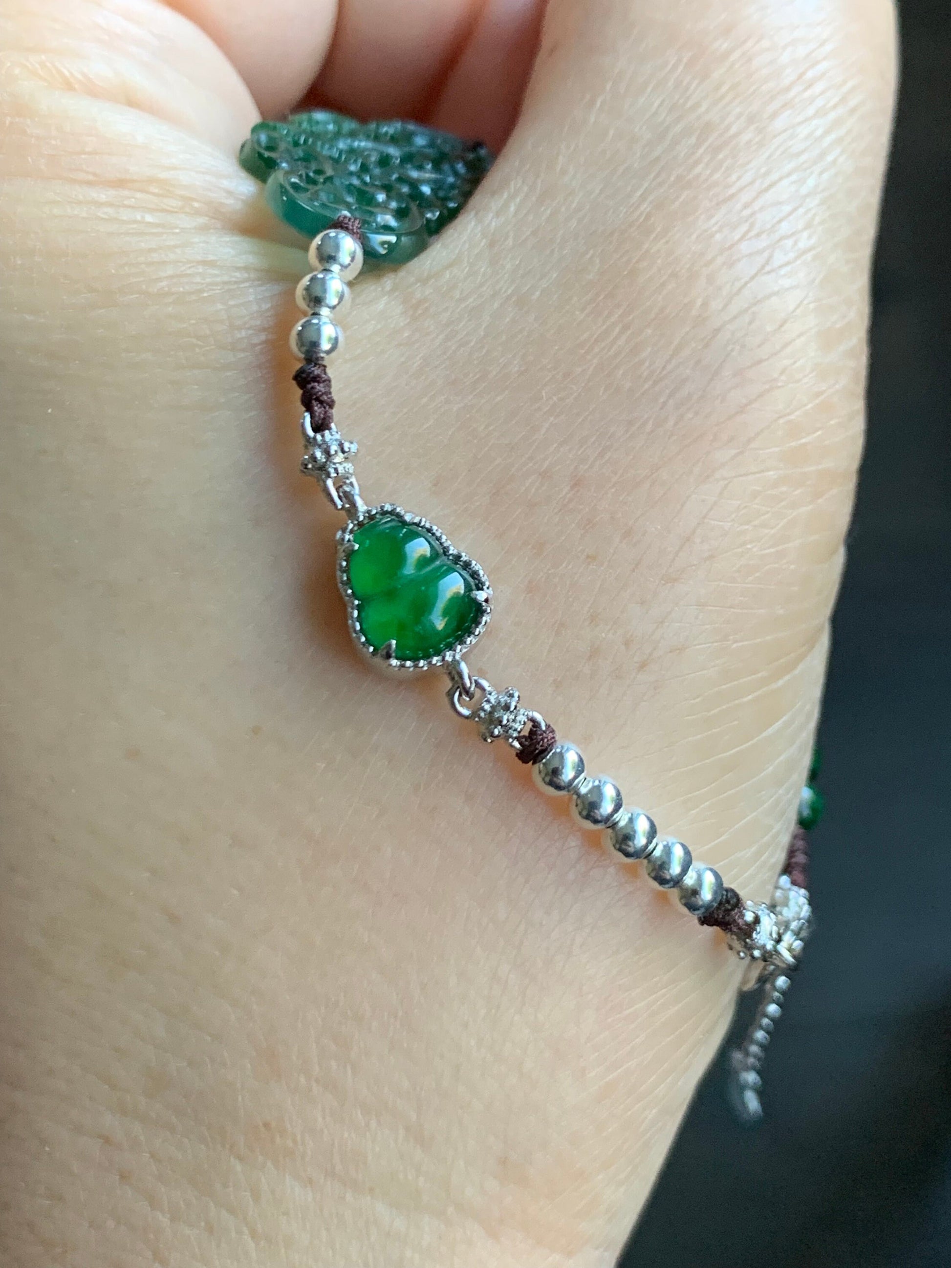 Natural Guatemalan Icy Vibrant Green Jadeite Butterfly & Gourd Burmese Green Jadeite Beaded Bracelet 7.25” S925 Silver 天然冰危绿翡翠蝴蝶葫芦缅甸花青翡翠银手链