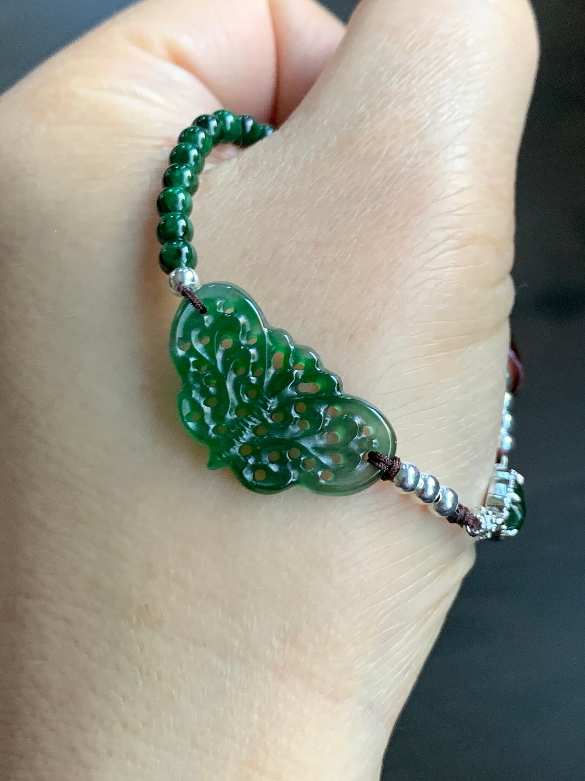 Natural Guatemalan Icy Vibrant Green Jadeite Butterfly & Gourd Burmese Green Jadeite Beaded Bracelet 7.25” S925 Silver 天然冰危绿翡翠蝴蝶葫芦缅甸花青翡翠银手链