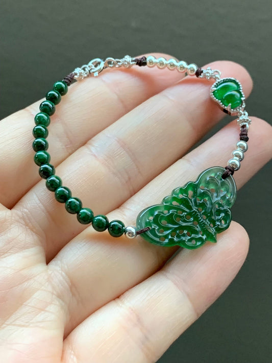Natural Guatemalan Icy Vibrant Green Jadeite Butterfly & Gourd Burmese Green Jadeite Beaded Bracelet 7.25” S925 Silver 天然冰危绿翡翠蝴蝶葫芦缅甸花青翡翠银手链