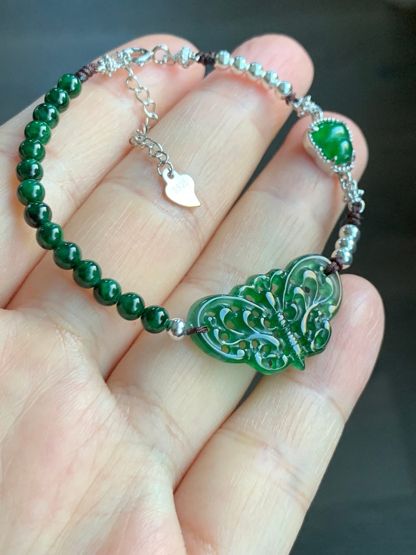 Natural Guatemalan Icy Vibrant Green Jadeite Butterfly & Gourd Burmese Green Jadeite Beaded Bracelet 7.25” S925 Silver 天然冰危绿翡翠蝴蝶葫芦缅甸花青翡翠银手链