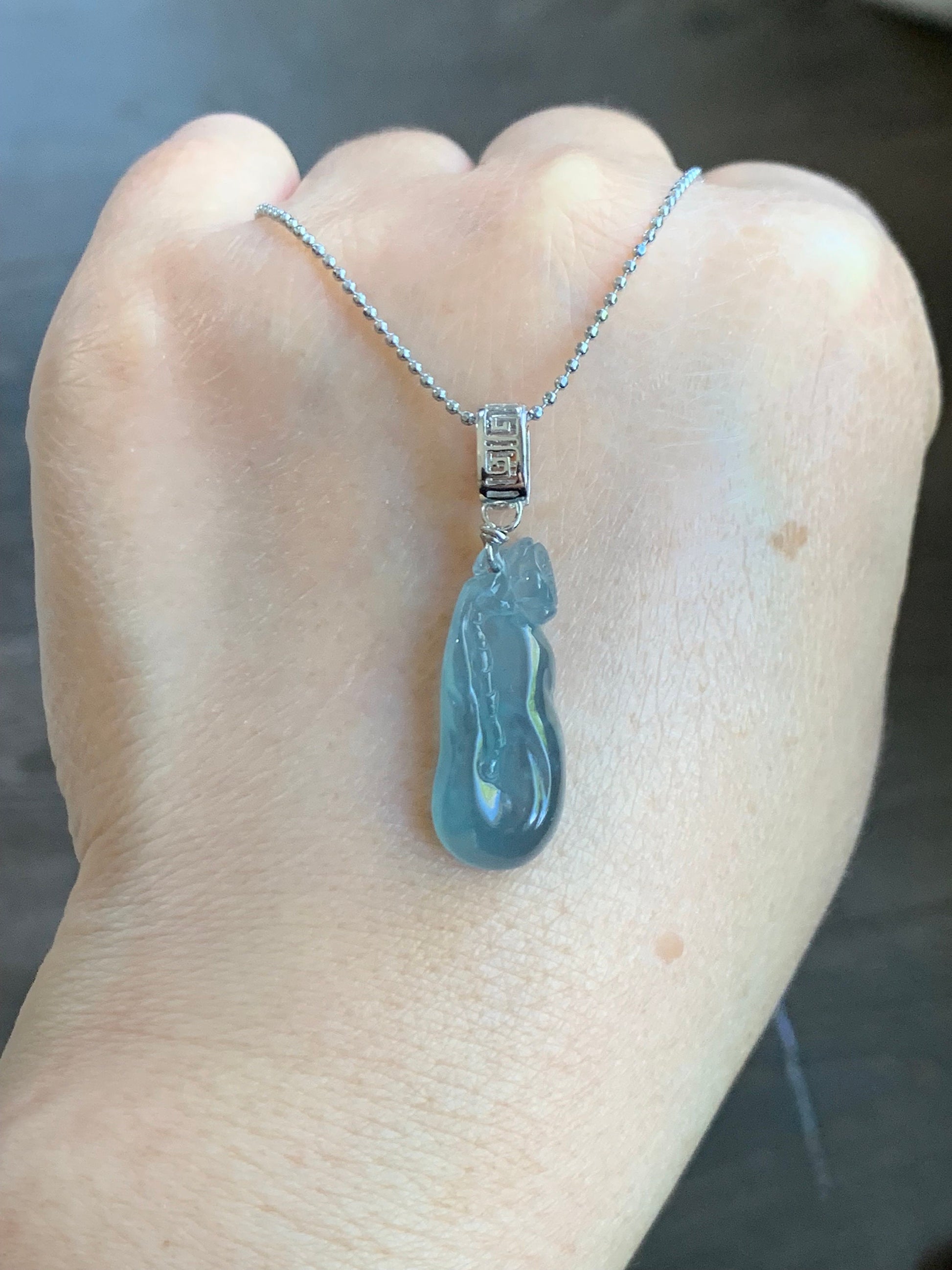 Natural Guatemalan Premium Icy Highly Translucent Gelatinous Blue Jadeite Carved Lotus Flower Pendant Sterling Silver 天然冰胶高危蓝水翡翠一品清莲银镶吊坠