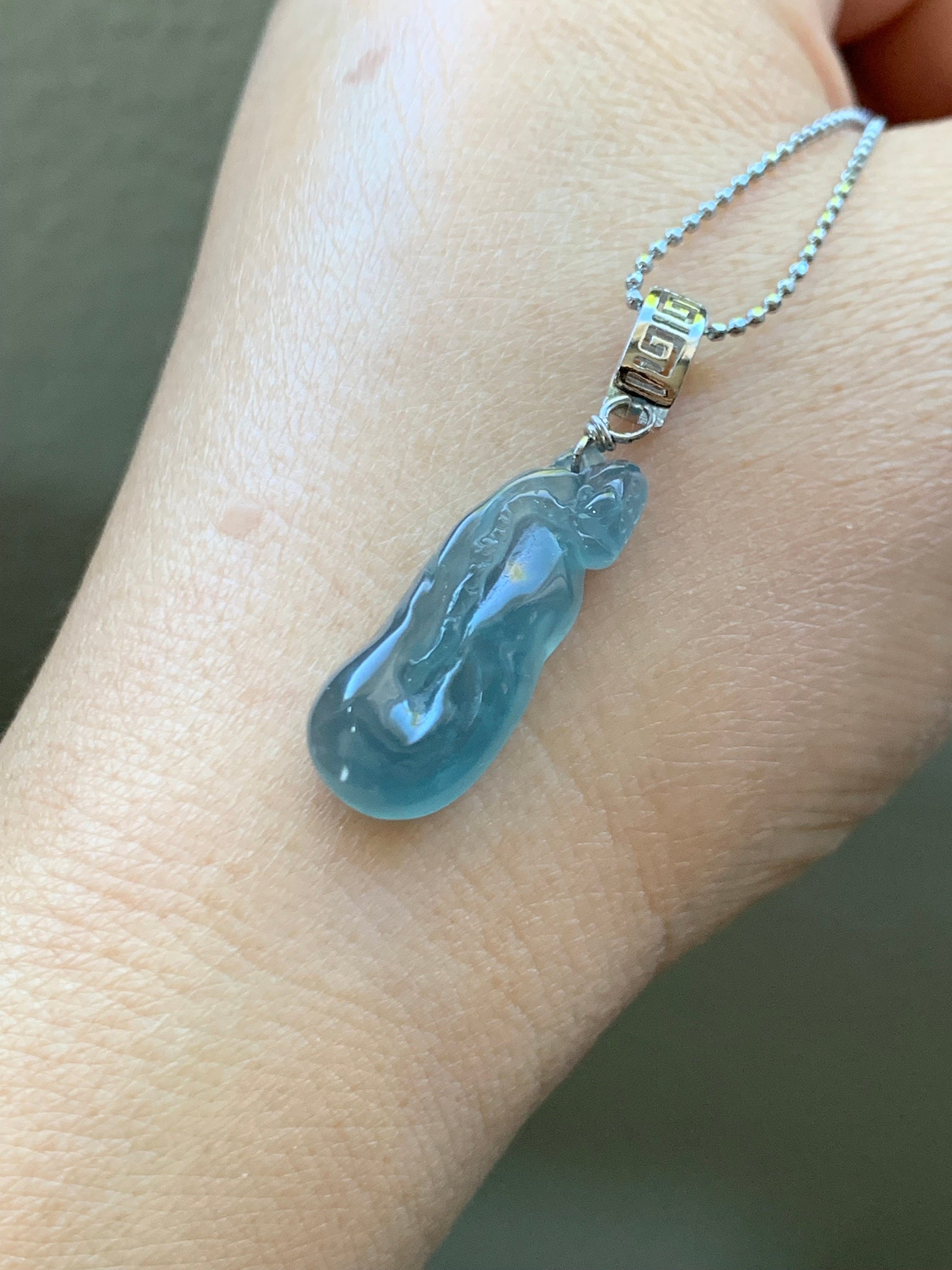 Natural Guatemalan Premium Icy Highly Translucent Gelatinous Blue Jadeite Carved Lotus Flower Pendant Sterling Silver 天然冰胶高危蓝水翡翠一品清莲银镶吊坠