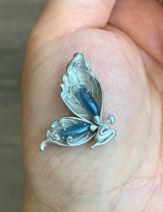 Certified Natural Guatemalan Icy Translucent Blue Jadeite Butterfly Fairy Custom Design Pendant 925 Sterling Silver 天然冰危蓝翡翠设计款蝴蝶仙子镶嵌吊坠 0369