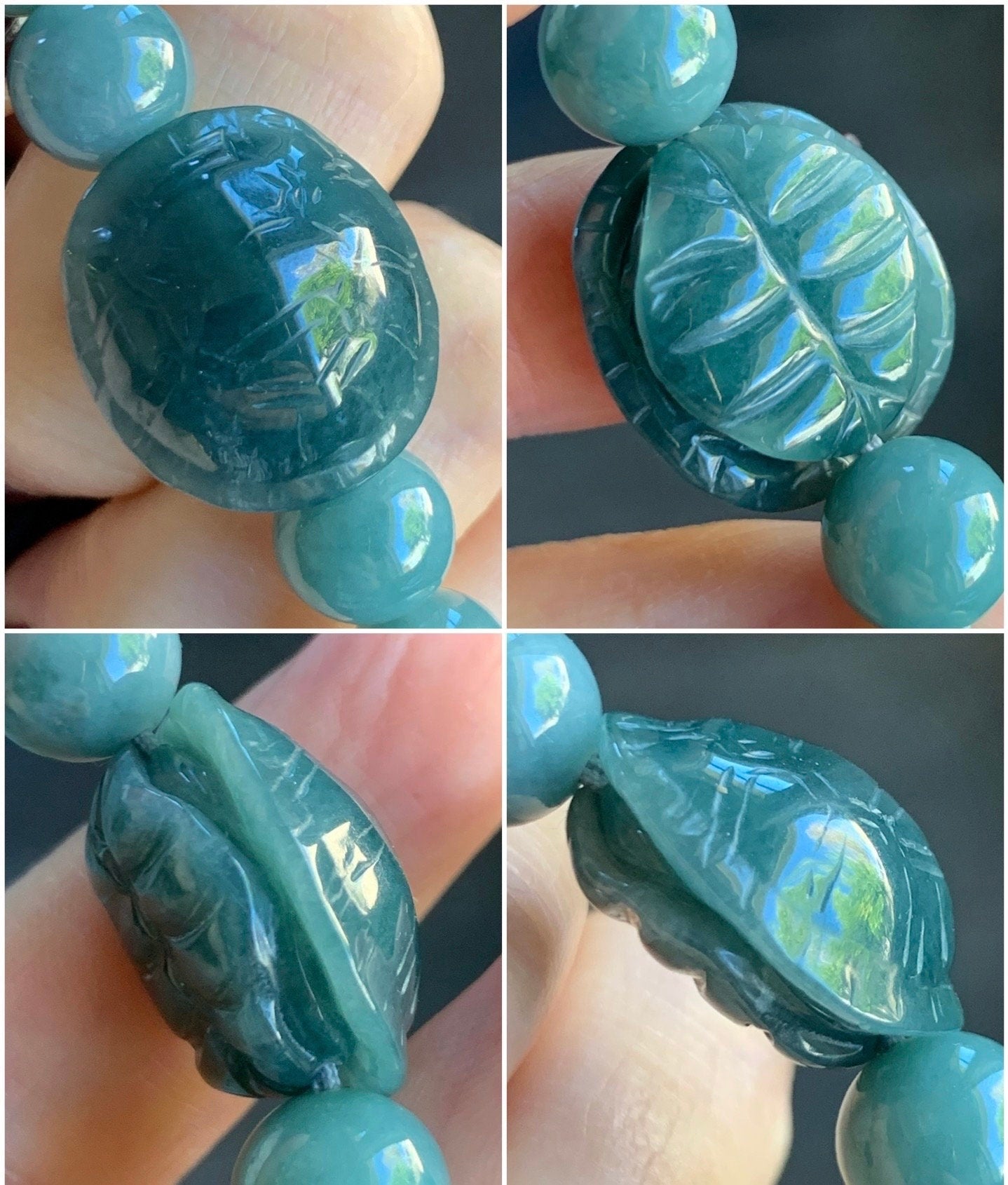 Natural Guatemalan Icy Translucent Dark Teal Blue Jadeite Turtle Shell Charm Dusty Blue Beaded Bracelet 9.9mm 7” 35g 天然糯冰危蓝水翡翠富甲手串 WLF1118