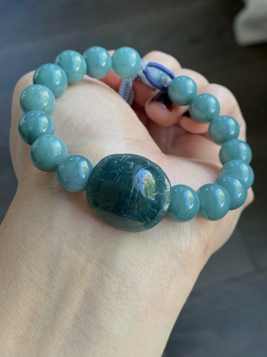 Natural Guatemalan Icy Translucent Dark Teal Blue Jadeite Turtle Shell Charm Dusty Blue Beaded Bracelet 9.9mm 7” 35g 天然糯冰危蓝水翡翠富甲手串 WLF1118