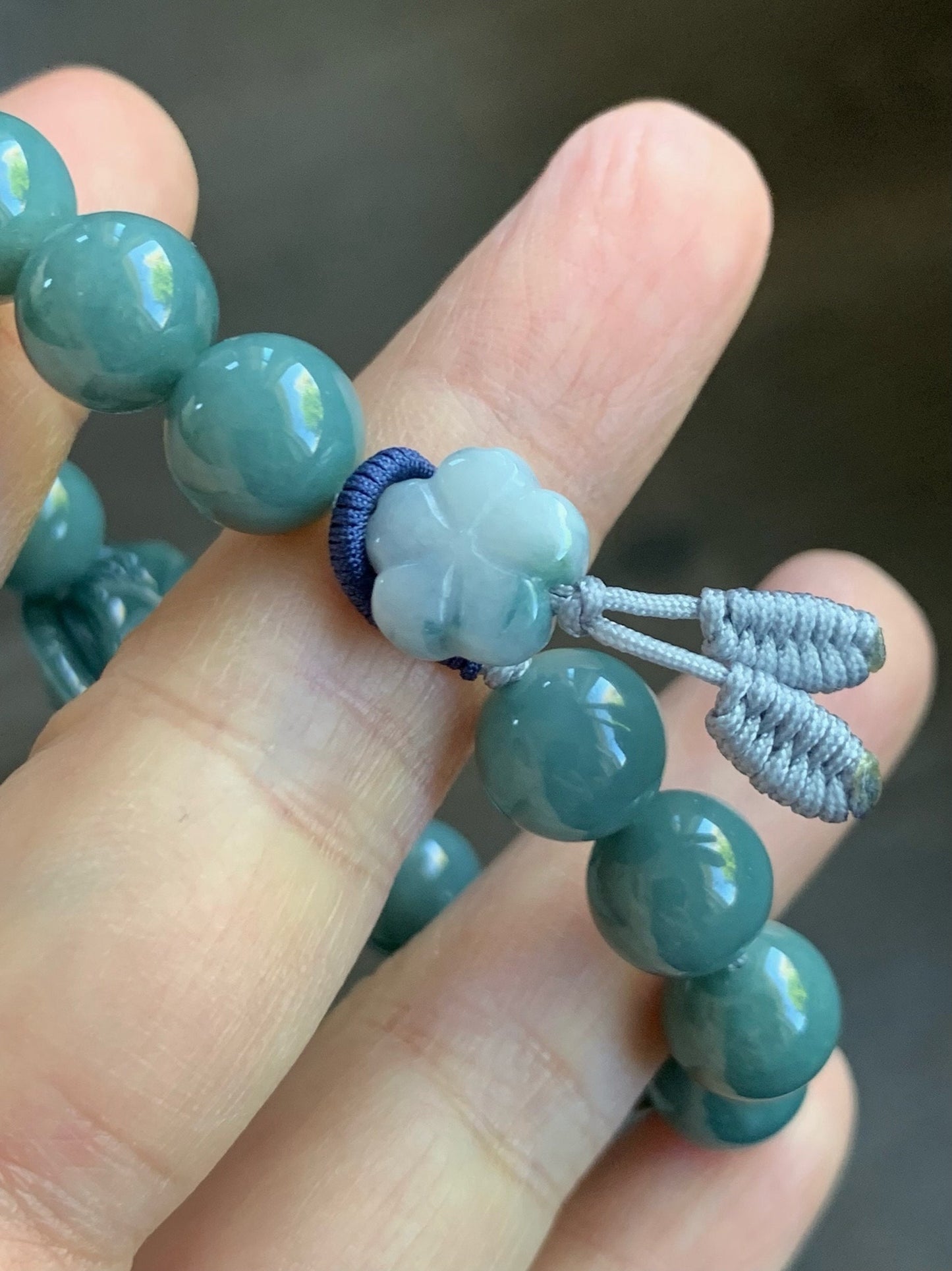 Natural Guatemalan Icy Translucent Dark Teal Blue Jadeite Turtle Shell Charm Dusty Blue Beaded Bracelet 9.9mm 7” 35g 天然糯冰危蓝水翡翠富甲手串 WLF1118