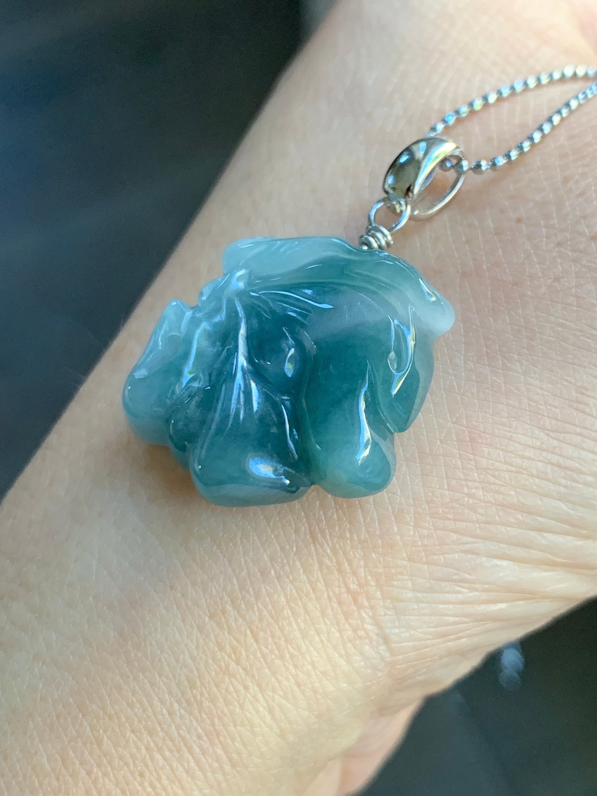Natural Guatemalan Icy Translucent Teal Blue Jadeite w/ Light Blue Marbling Carved Butterfly Fairy Pendant Sterling Silver 天然冰危蓝飘花翡翠蝴蝶仙子吊坠