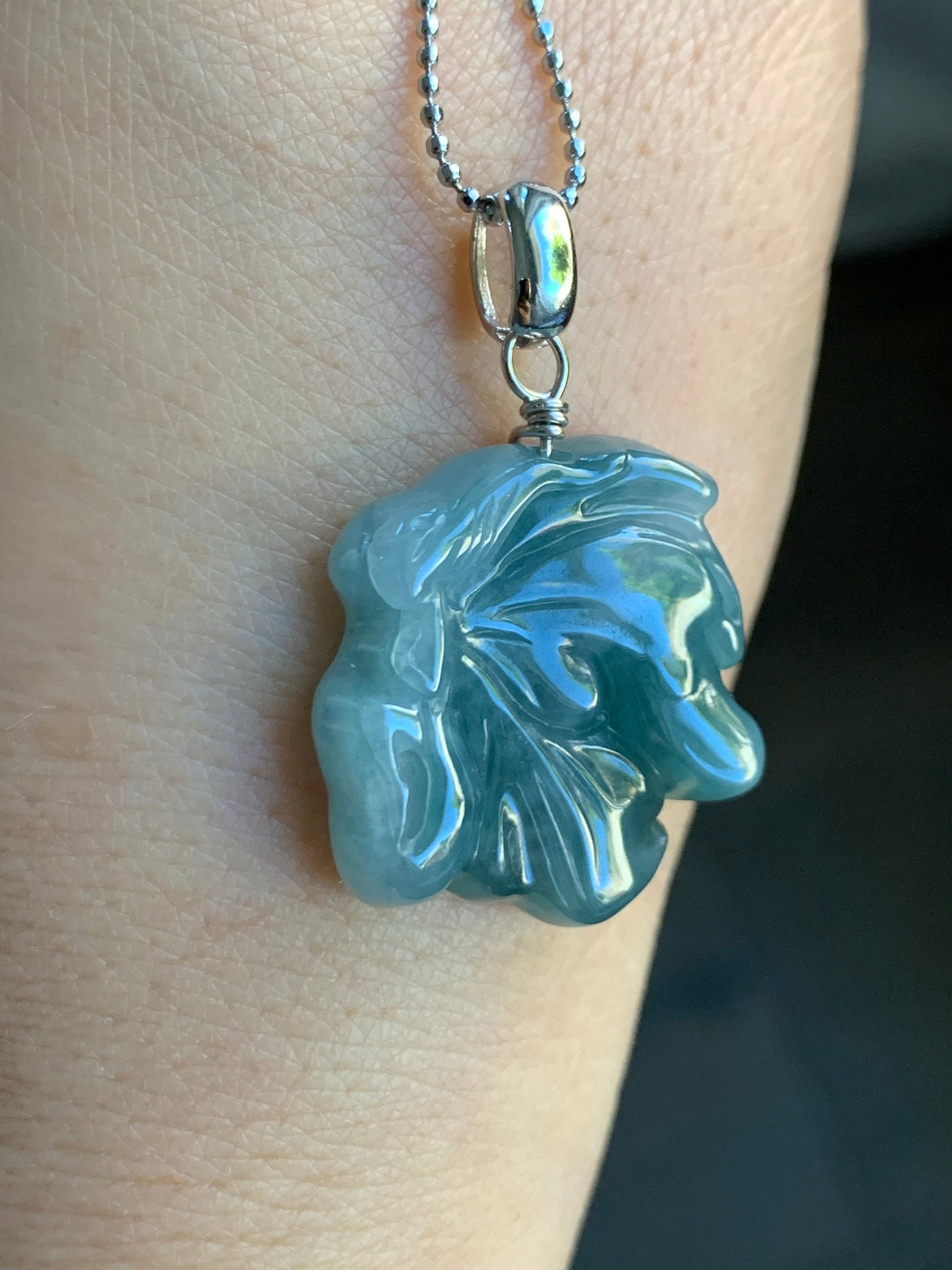 Natural Guatemalan Icy Translucent Teal Blue Jadeite w/ Light Blue Marbling Carved Butterfly Fairy Pendant Sterling Silver 天然冰危蓝飘花翡翠蝴蝶仙子吊坠