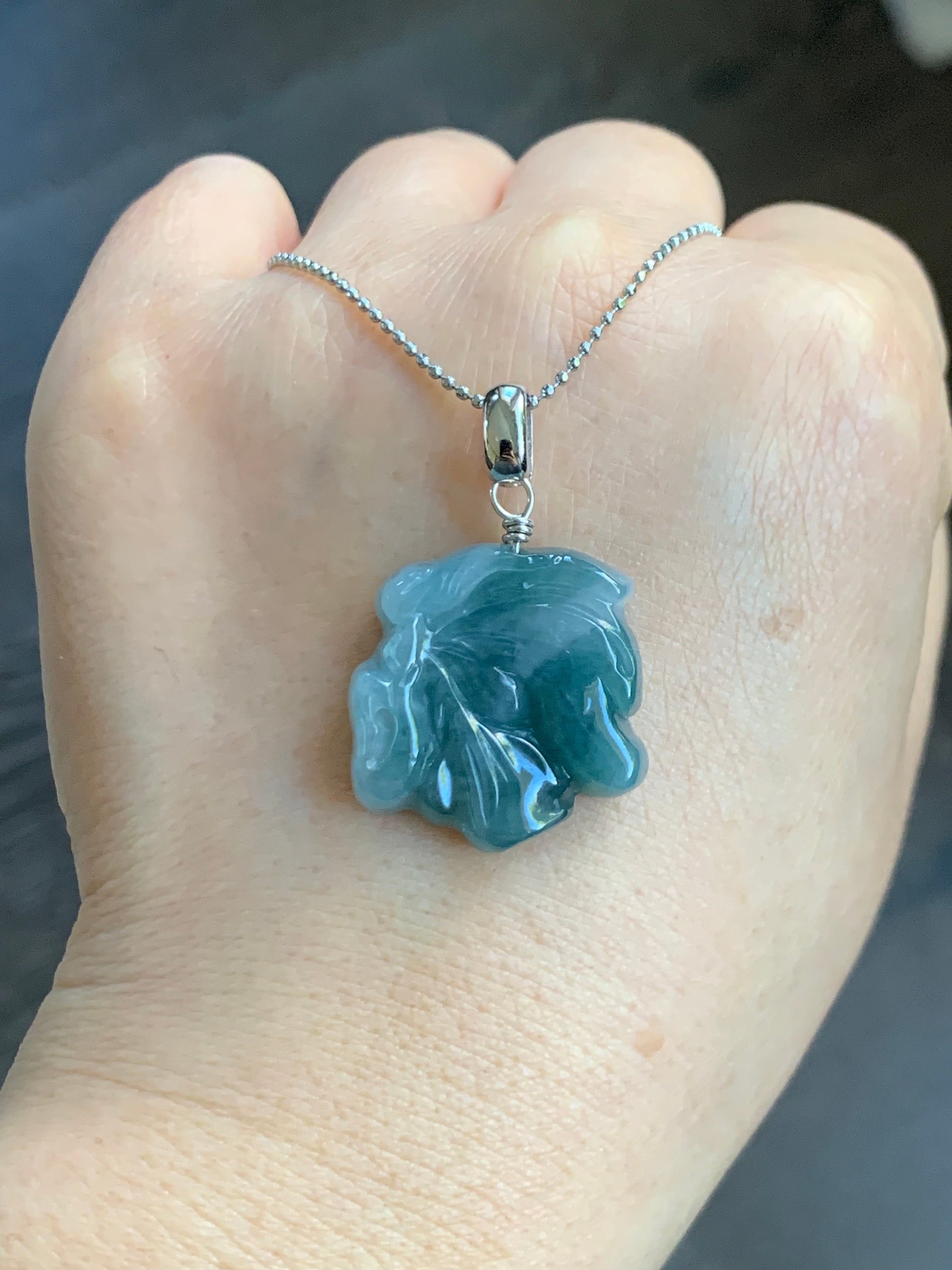 Natural Guatemalan Icy Translucent Teal Blue Jadeite w/ Light Blue Marbling Carved Butterfly Fairy Pendant Sterling Silver 天然冰危蓝飘花翡翠蝴蝶仙子吊坠