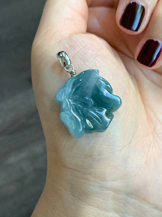 Natural Guatemalan Icy Translucent Teal Blue Jadeite w/ Light Blue Marbling Carved Butterfly Fairy Pendant Sterling Silver 天然冰危蓝飘花翡翠蝴蝶仙子吊坠