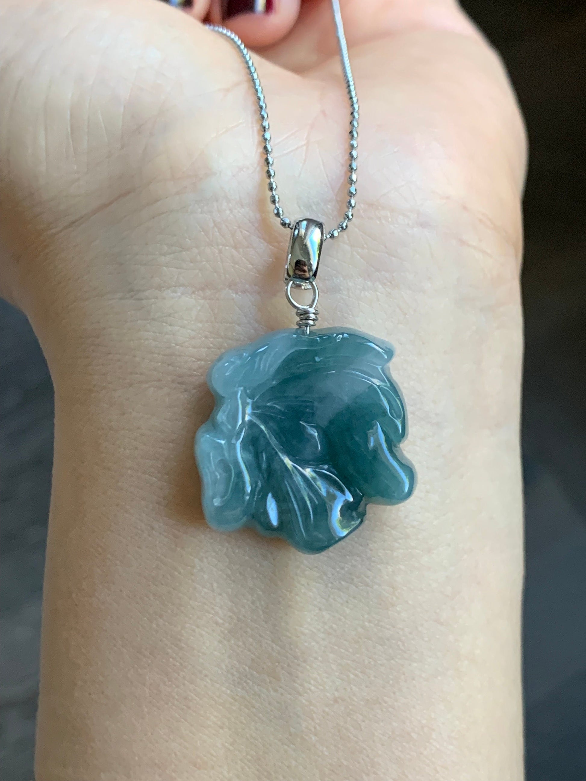 Natural Guatemalan Icy Translucent Teal Blue Jadeite w/ Light Blue Marbling Carved Butterfly Fairy Pendant Sterling Silver 天然冰危蓝飘花翡翠蝴蝶仙子吊坠