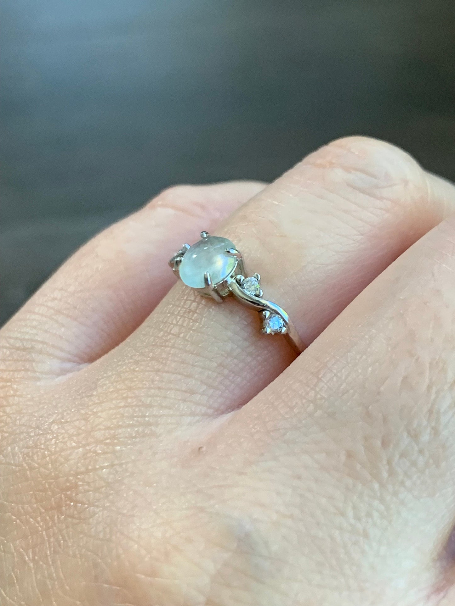 Natural Burmese Icy Highly Translucent Gelatinous White Jadeite Ring Sterling Silver Size Adjustable 天然缅甸白冰翡翠蛋面银镶戒指 XMB50