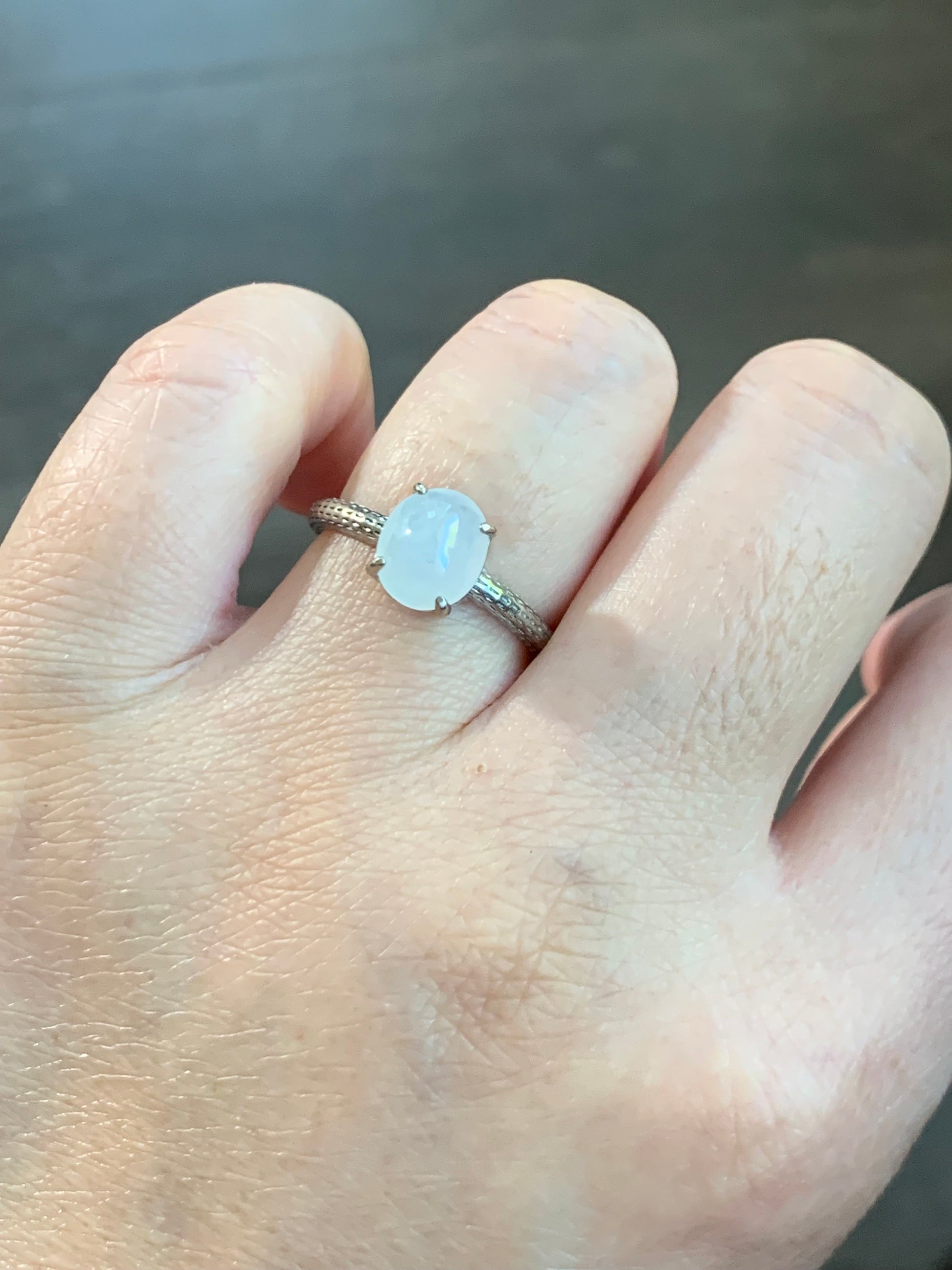 Natural Burmese Icy Translucent Gelatinous White Jadeite Ring Sterling Silver Size Adjustable 天然缅甸白冰翡翠蛋面银镶戒指 MBBA
