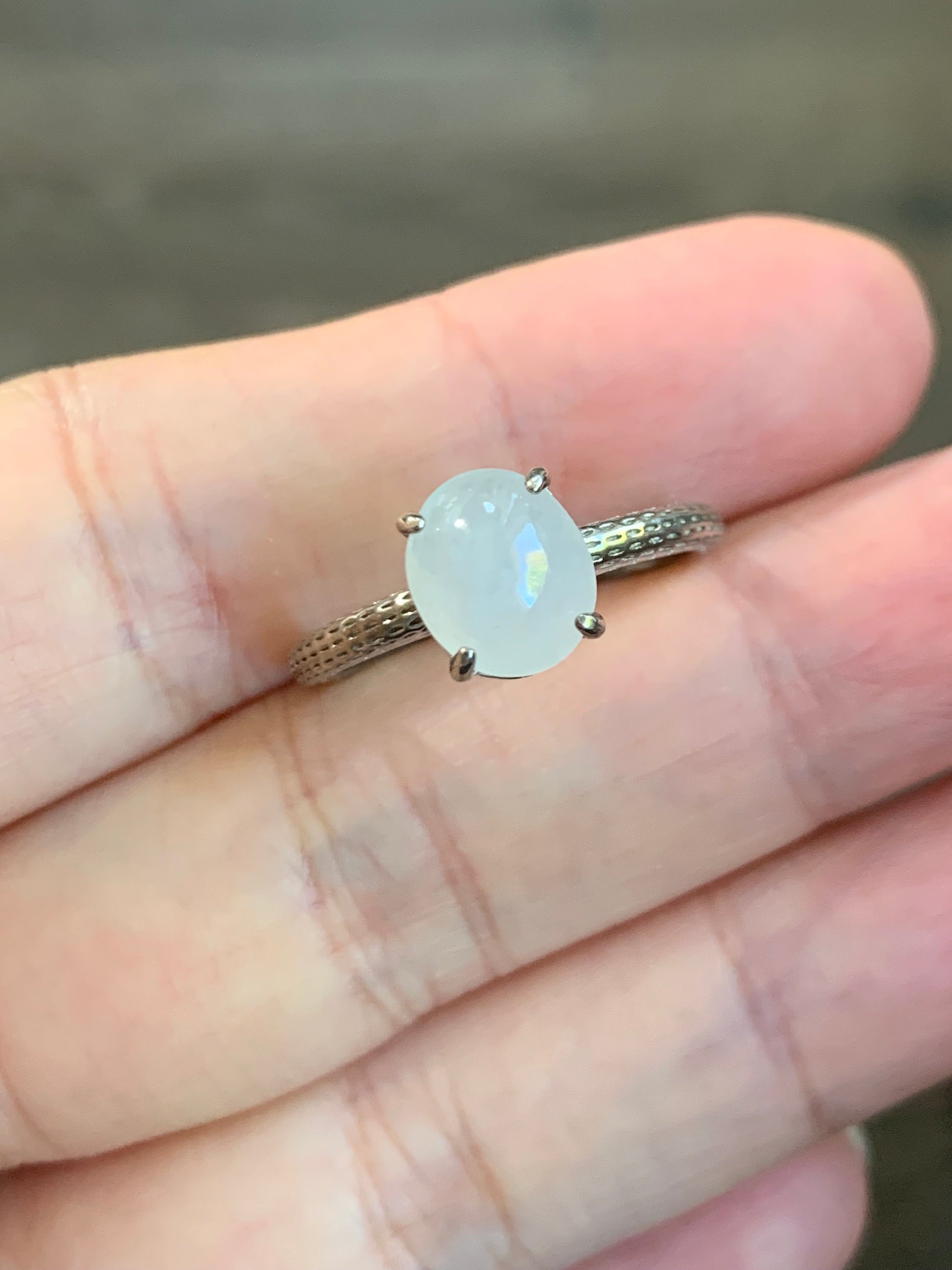 Natural Burmese Icy Translucent Gelatinous White Jadeite Ring Sterling Silver Size Adjustable 天然缅甸白冰翡翠蛋面银镶戒指 MBBA