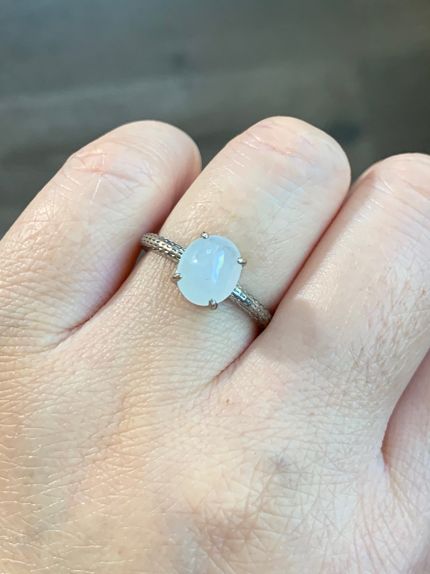 Natural Burmese Icy Translucent Gelatinous White Jadeite Ring Sterling Silver Size Adjustable 天然缅甸白冰翡翠蛋面银镶戒指 MBBA