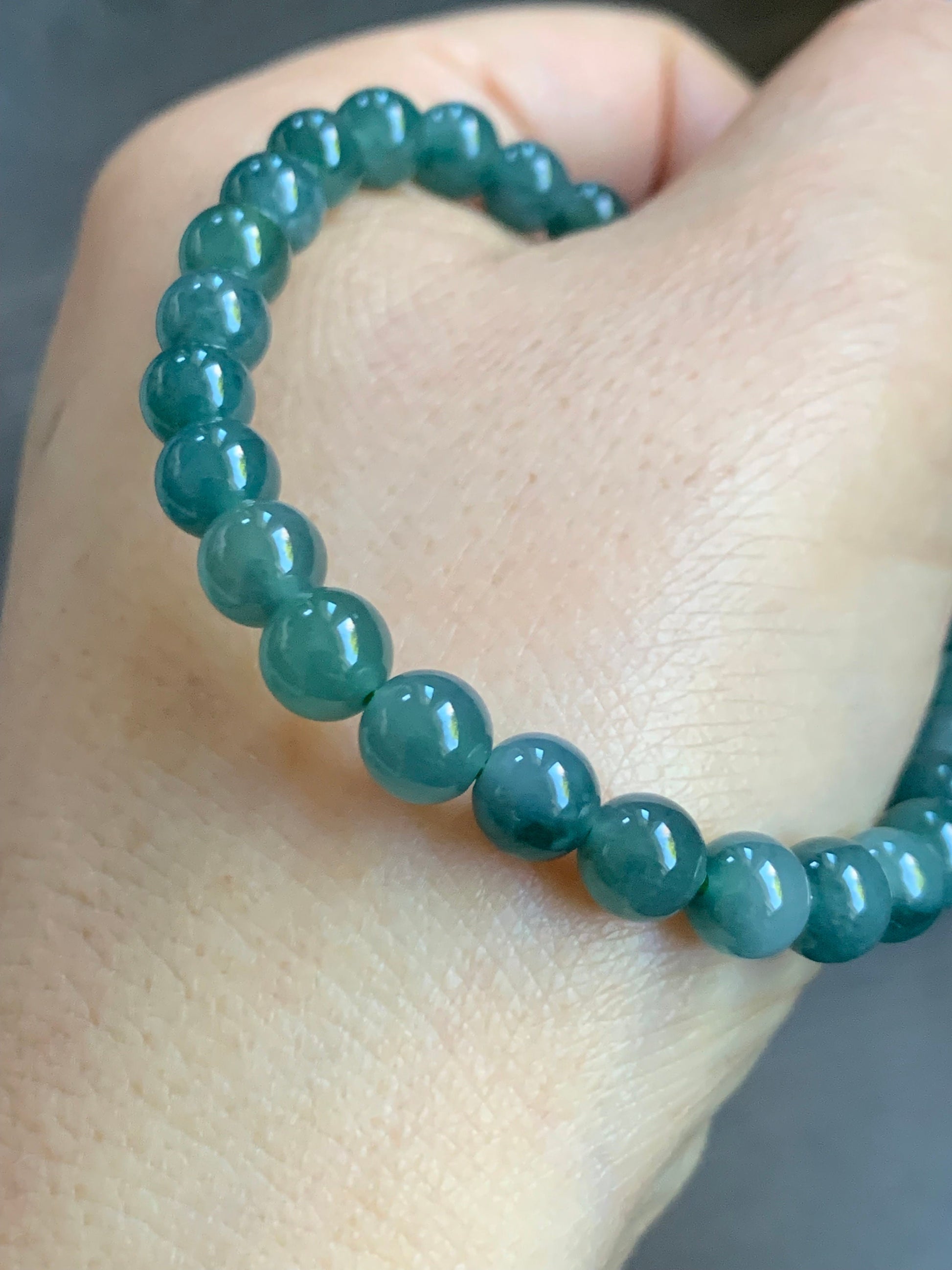 Natural Guatemalan Icy Translucent Dark Teal Blue Jadeite Carved Crocodile Charm Beaded Bracelet 6.75” Sterling Silver 天然冰危蓝水翡翠鳄鱼宝宝圆珠手串