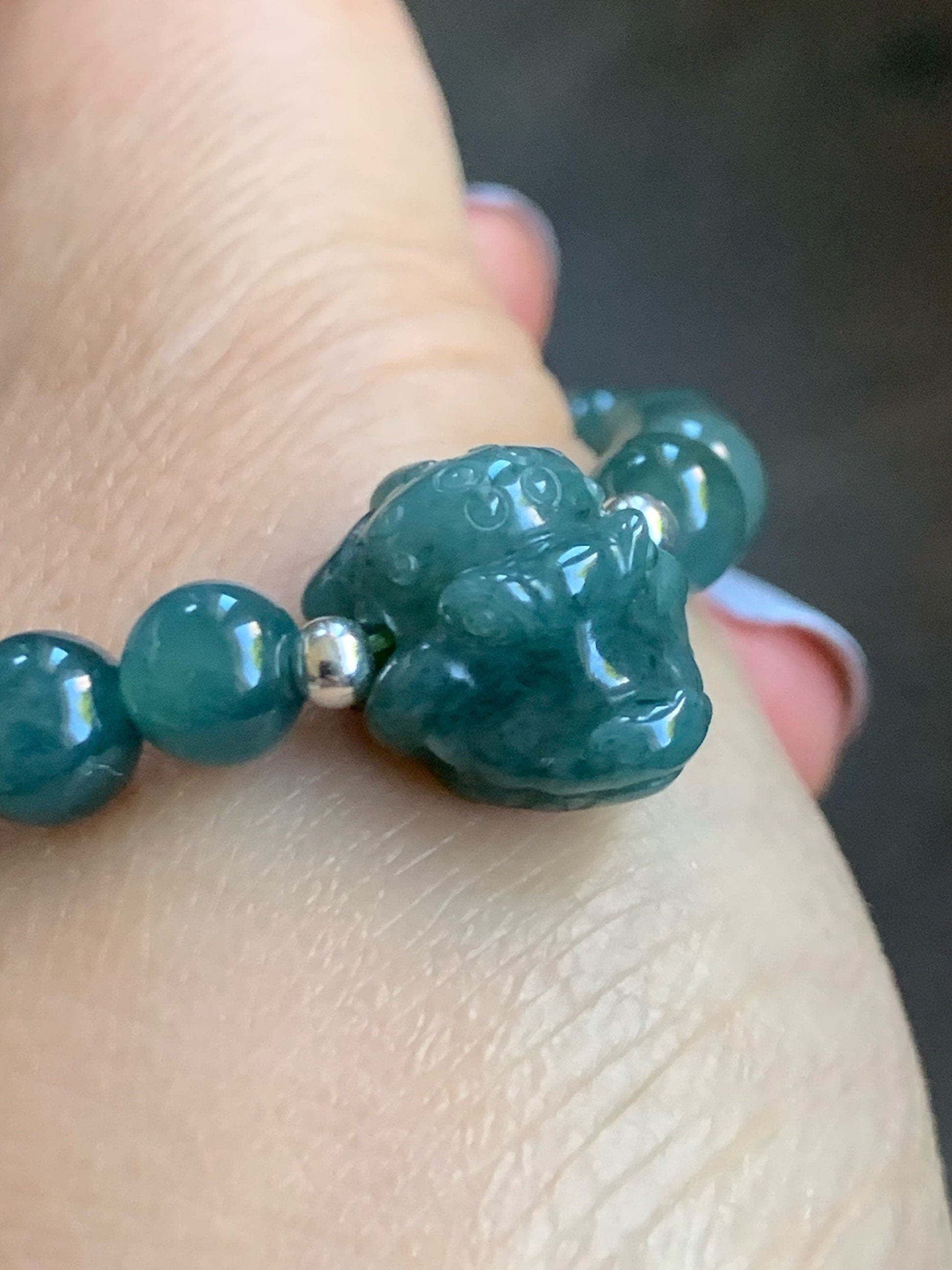 Natural Guatemalan Icy Translucent Dark Teal Blue Jadeite Carved Crocodile Charm Beaded Bracelet 6.75” Sterling Silver 天然冰危蓝水翡翠鳄鱼宝宝圆珠手串