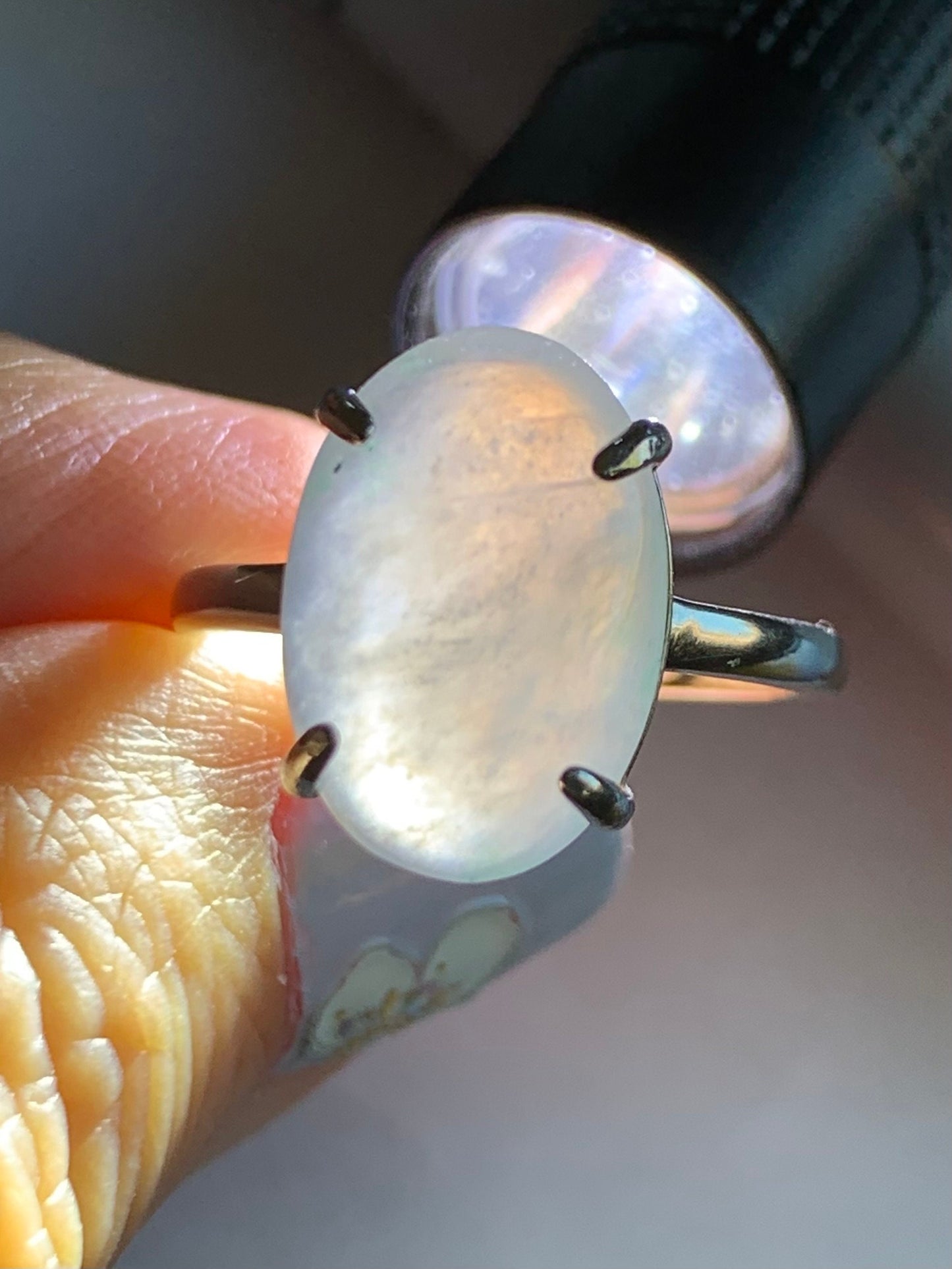 Large Natural Burmese Icy Translucent Gelatinous White Oval Jadeite Green Marbling Solitaire Ring Sterling Silver 天然缅甸冰胶白冰翡翠蛋面银镶戒指 MB100