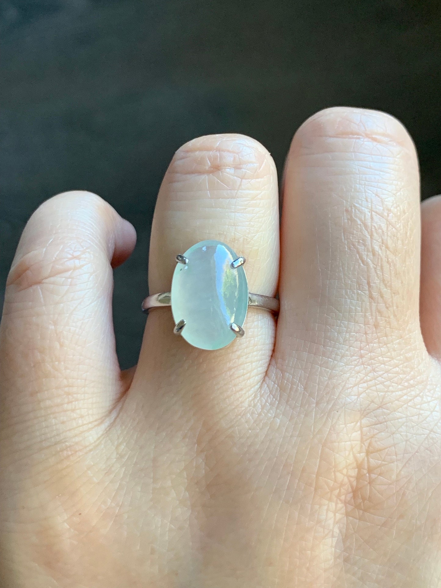 Large Natural Burmese Icy Translucent Gelatinous White Oval Jadeite Green Marbling Solitaire Ring Sterling Silver 天然缅甸冰胶白冰翡翠蛋面银镶戒指 MB100