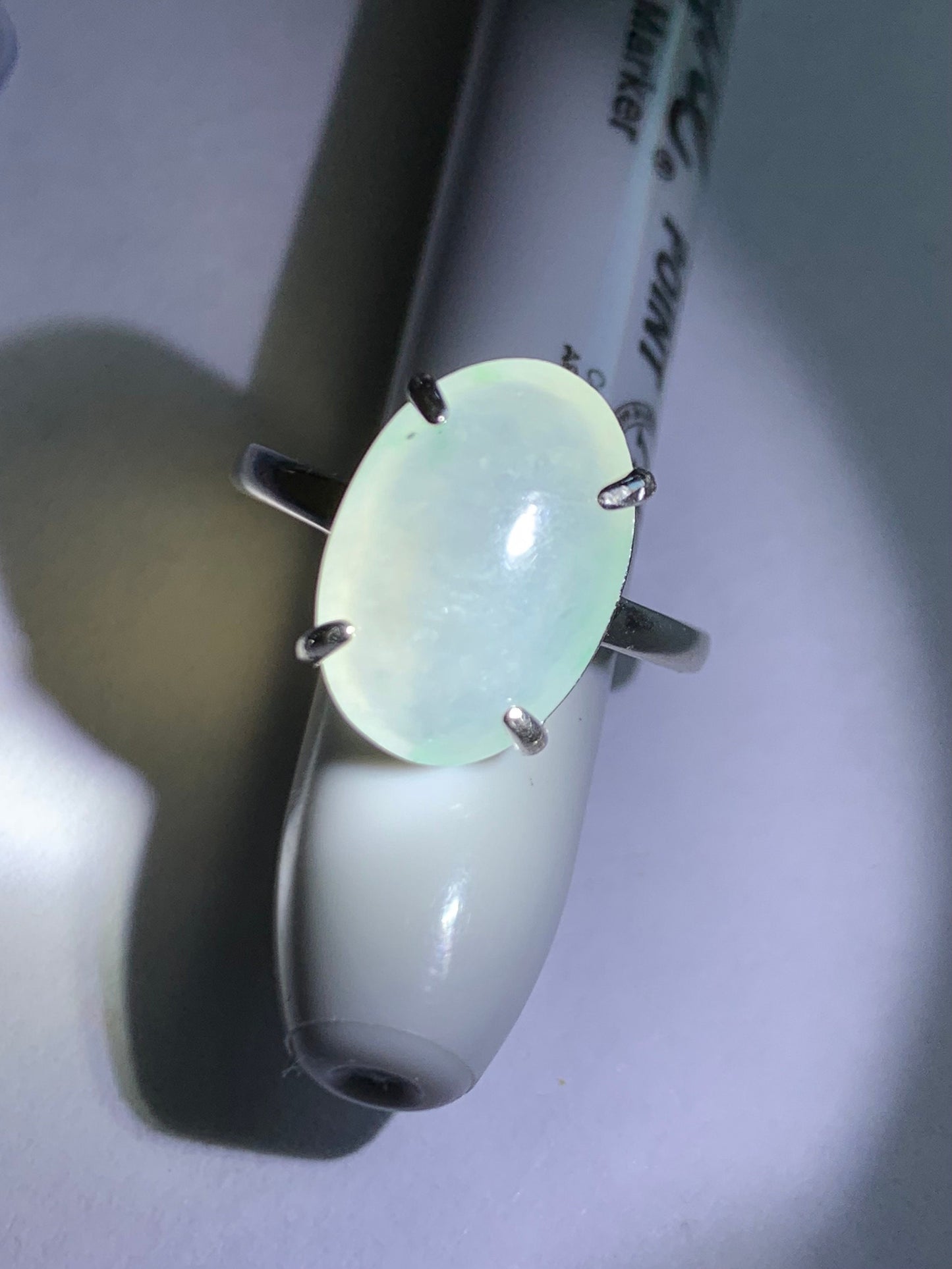 Large Natural Burmese Icy Translucent Gelatinous White Oval Jadeite Green Marbling Solitaire Ring Sterling Silver 天然缅甸冰胶白冰翡翠蛋面银镶戒指 MB100
