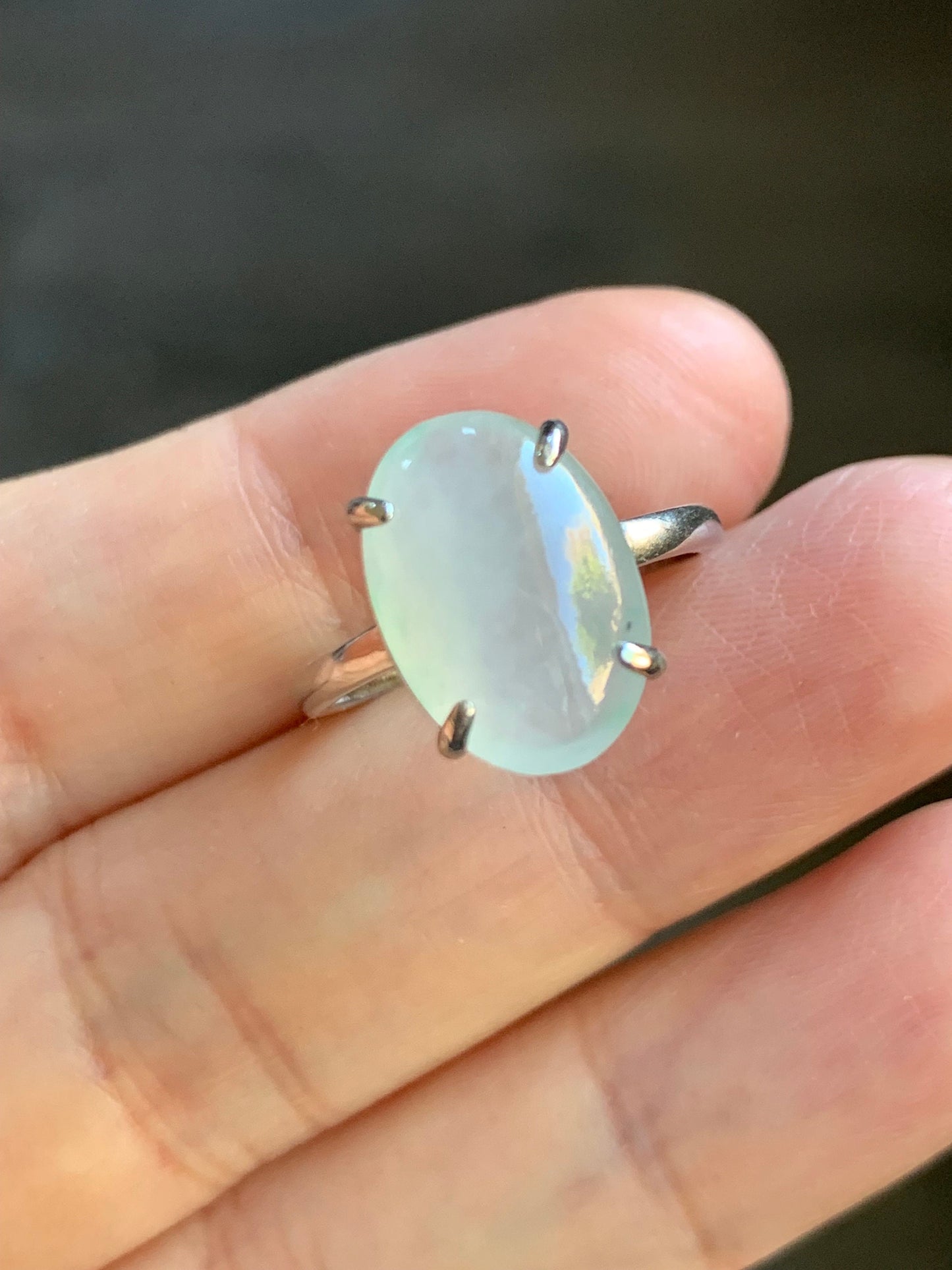 Large Natural Burmese Icy Translucent Gelatinous White Oval Jadeite Green Marbling Solitaire Ring Sterling Silver 天然缅甸冰胶白冰翡翠蛋面银镶戒指 MB100