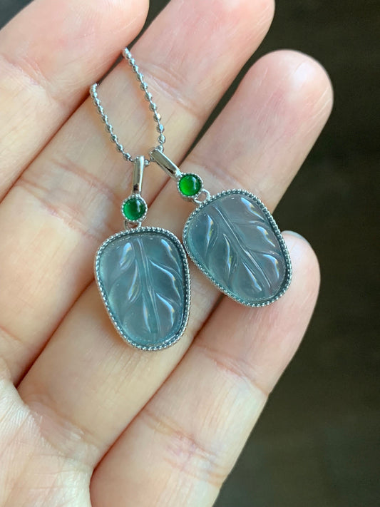 Natural Guatemalan Icy Highly Translucent Light Dusty Blue & Vibrant Green Jadeite Leaf Pendant Sterling Silver 天然冰蓝翡翠大叶有成镶嵌吊坠
