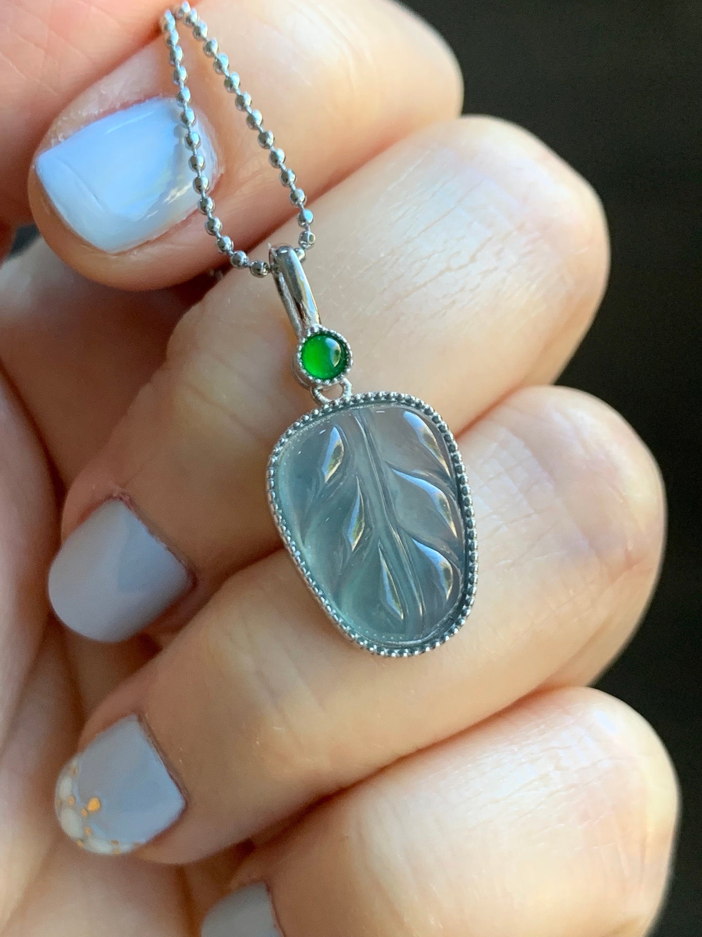 Natural Guatemalan Icy Highly Translucent Light Dusty Blue & Vibrant Green Jadeite Leaf Pendant Sterling Silver 天然冰蓝翡翠大叶有成镶嵌吊坠