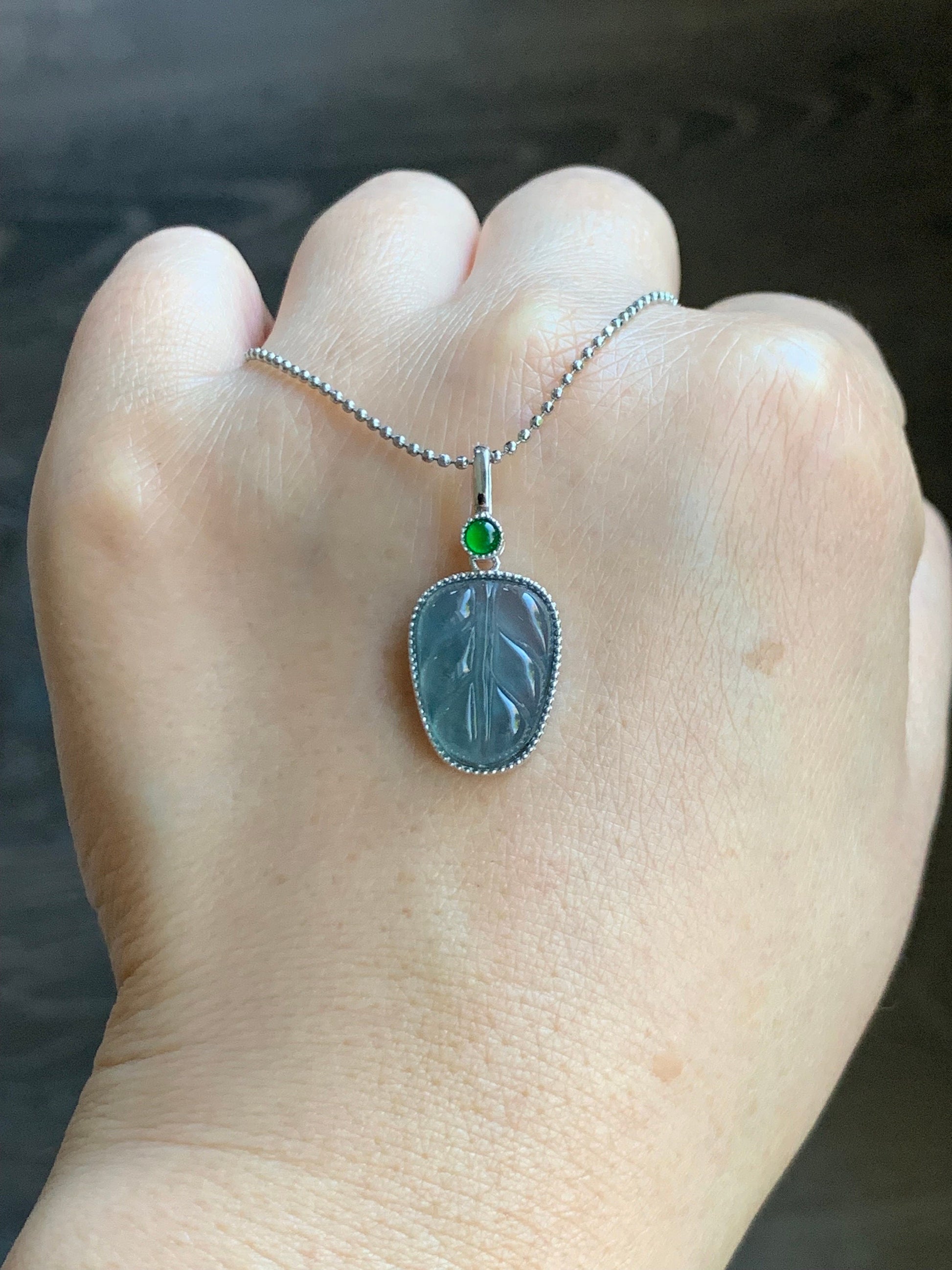 Natural Guatemalan Icy Highly Translucent Light Dusty Blue & Vibrant Green Jadeite Leaf Pendant Sterling Silver 天然冰蓝翡翠大叶有成镶嵌吊坠