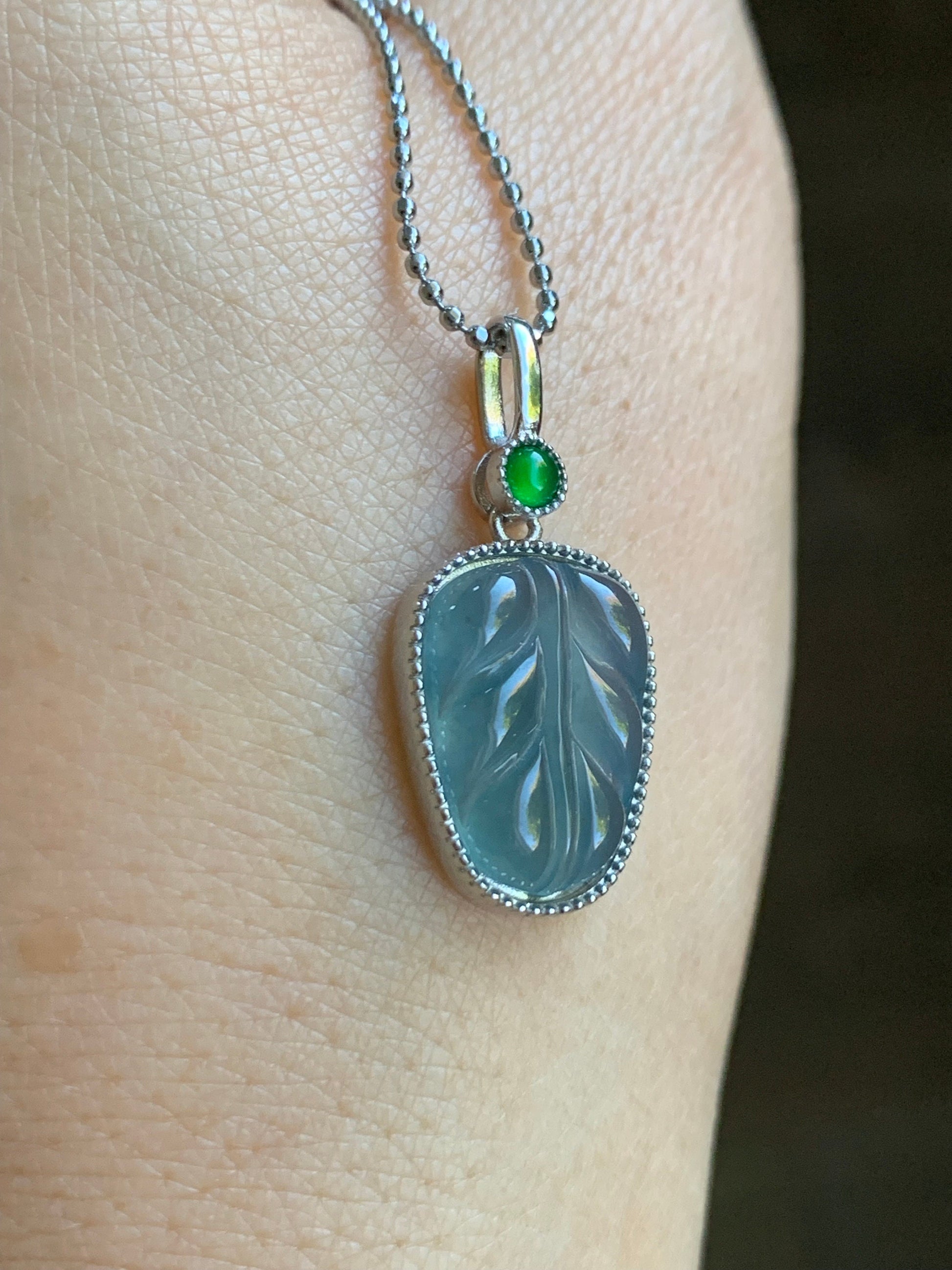 Natural Guatemalan Icy Highly Translucent Light Dusty Blue & Vibrant Green Jadeite Leaf Pendant Sterling Silver 天然冰蓝翡翠大叶有成镶嵌吊坠