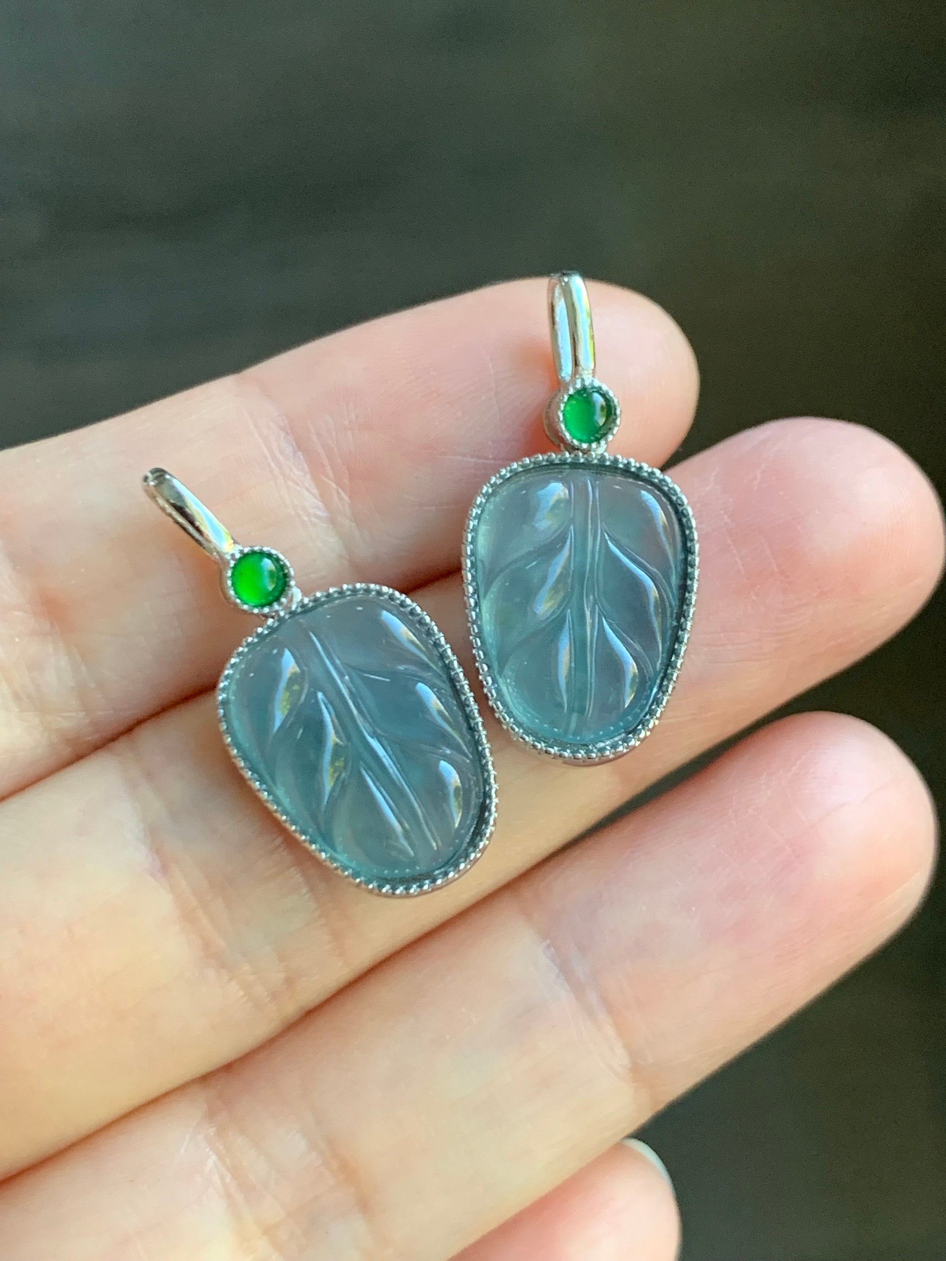 Natural Guatemalan Icy Highly Translucent Light Dusty Blue & Vibrant Green Jadeite Leaf Pendant Sterling Silver 天然冰蓝翡翠大叶有成镶嵌吊坠