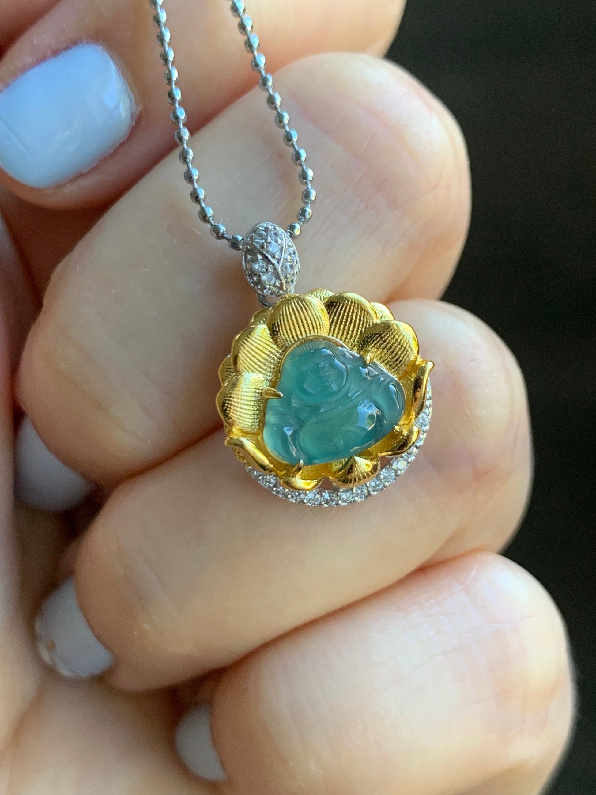 Petite Natural Guatemalan Premium Icy Highly Translucent Teal Blue Jadeite Buddha Pendant Two-Tone Sterling Silver 天然高冰危蓝翡翠小佛公银镶吊坠