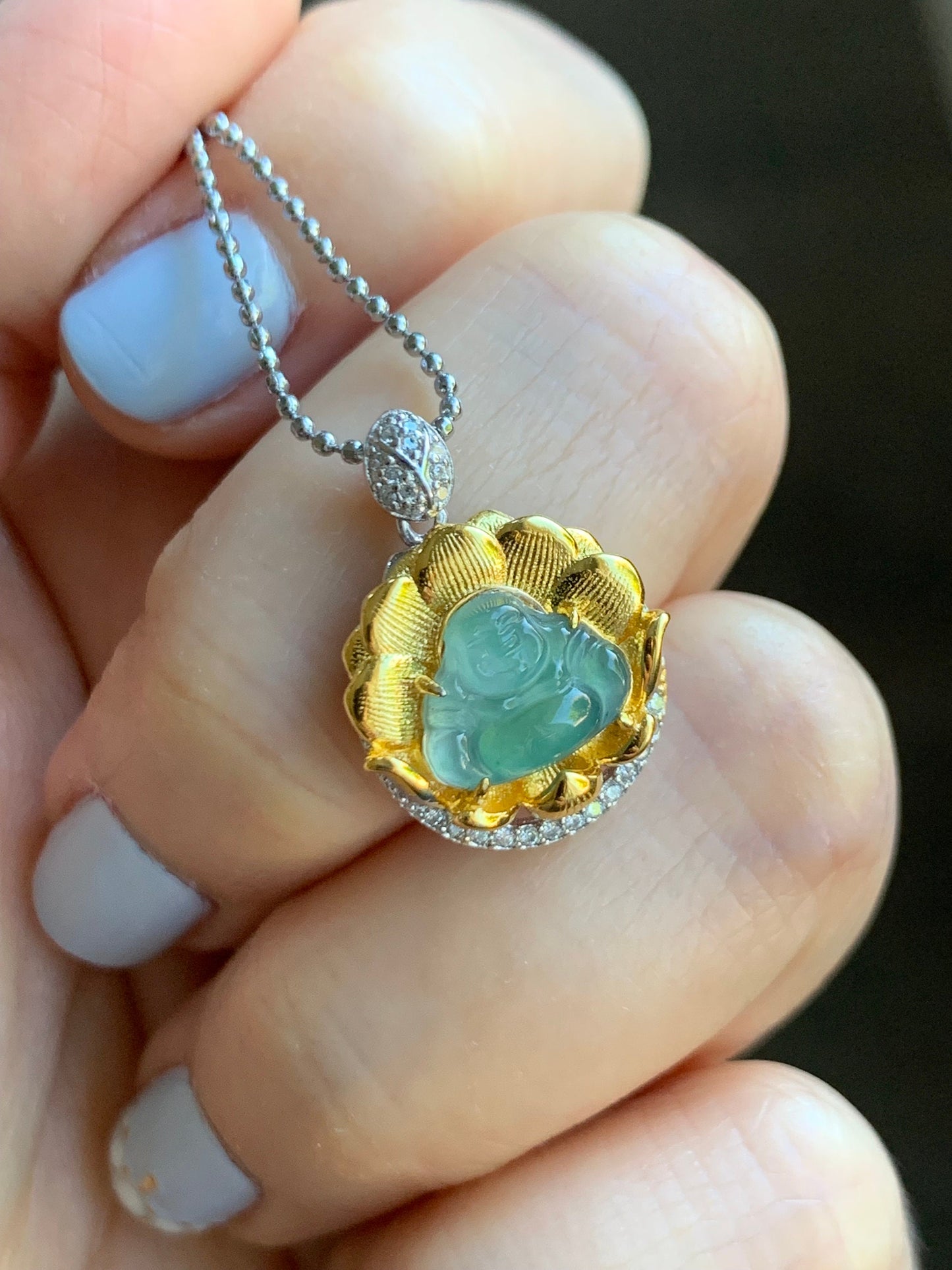 Petite Natural Guatemalan Premium Icy Highly Translucent Teal Blue Jadeite Buddha Pendant Two-Tone Sterling Silver 天然高冰危蓝翡翠小佛公银镶吊坠