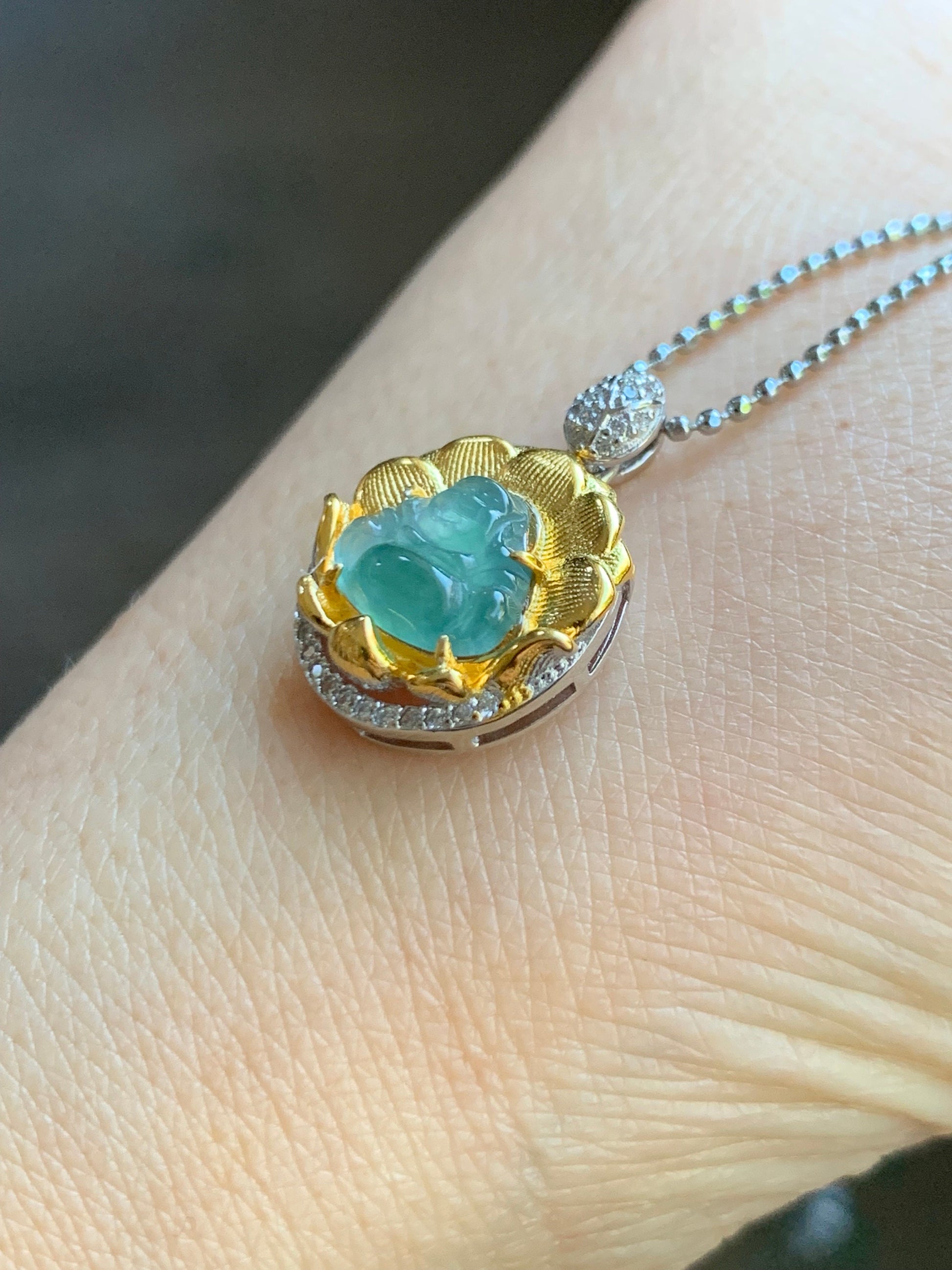 Petite Natural Guatemalan Premium Icy Highly Translucent Teal Blue Jadeite Buddha Pendant Two-Tone Sterling Silver 天然高冰危蓝翡翠小佛公银镶吊坠