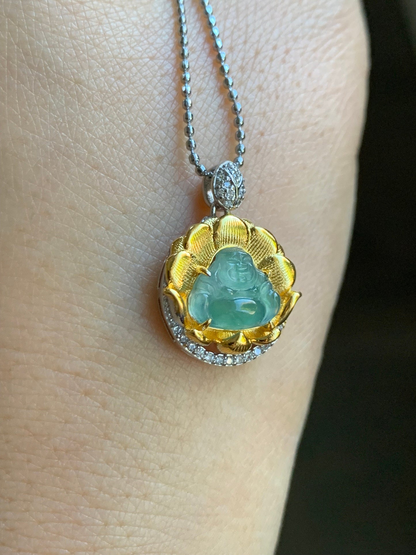 Petite Natural Guatemalan Premium Icy Highly Translucent Teal Blue Jadeite Buddha Pendant Two-Tone Sterling Silver 天然高冰危蓝翡翠小佛公银镶吊坠