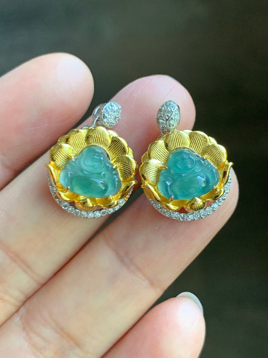 Petite Natural Guatemalan Premium Icy Highly Translucent Teal Blue Jadeite Buddha Pendant Two-Tone Sterling Silver 天然高冰危蓝翡翠小佛公银镶吊坠
