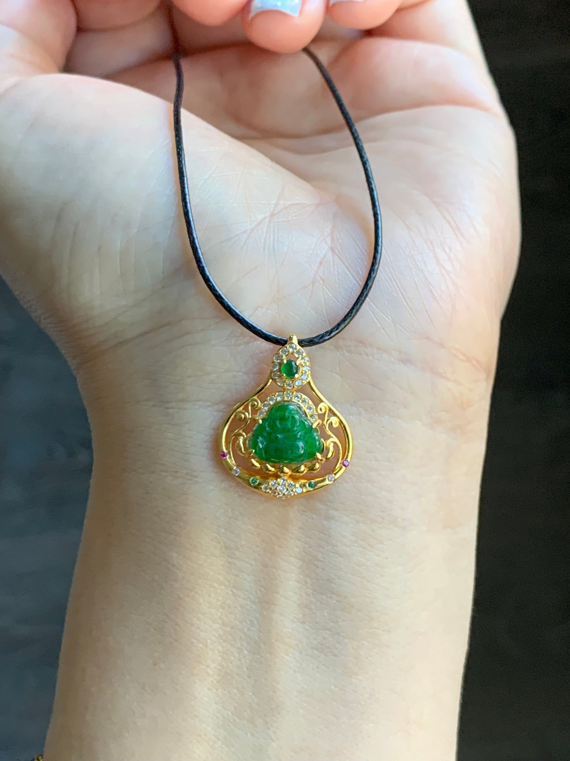 Natural Guatemalan Icy Translucent Vibrant Green Jadeite Carved Buddha Pendant Sterling Silver Yellow Gold Finish 天然冰危阳绿翡翠佛公镶嵌吊坠