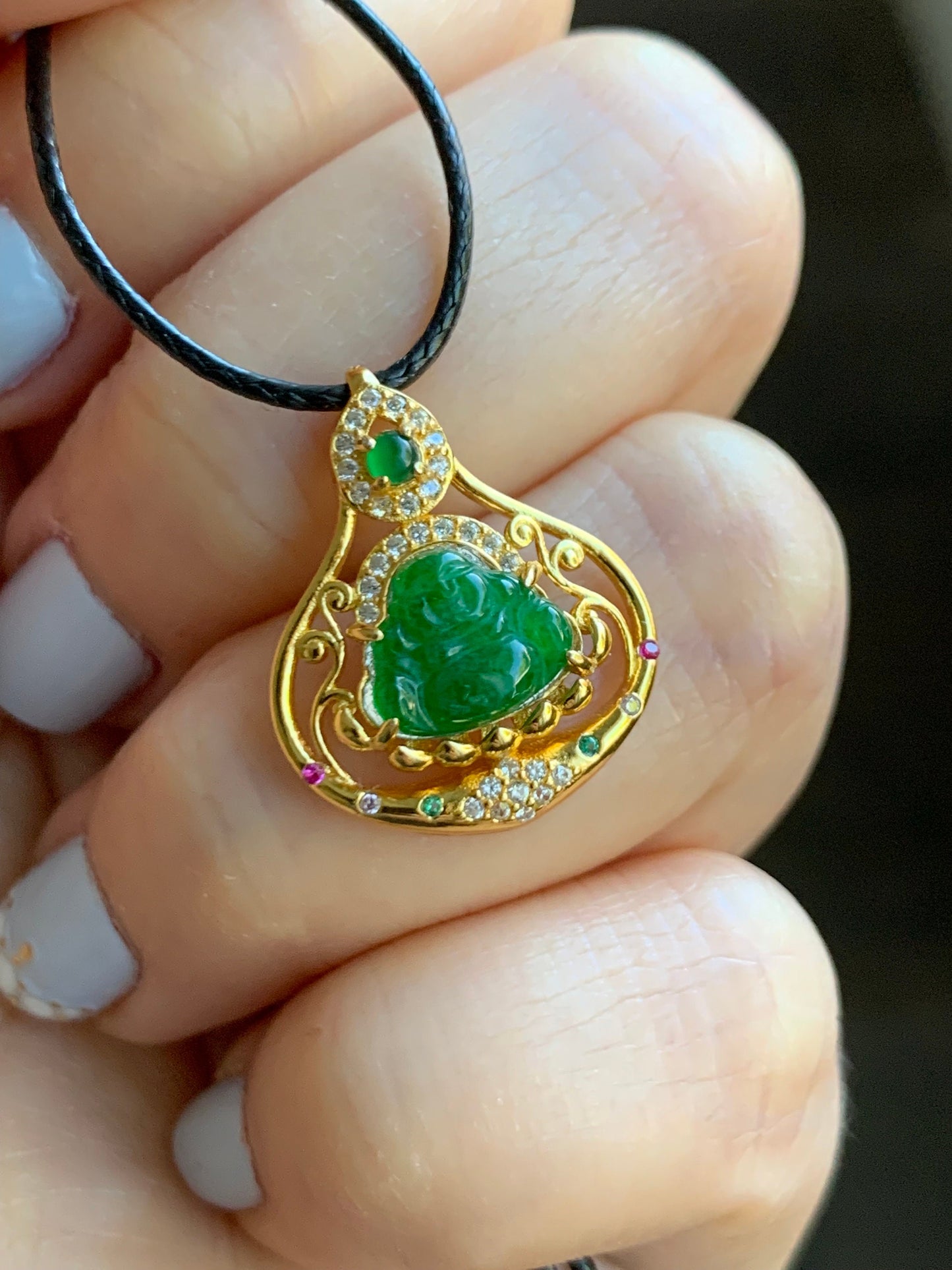 Natural Guatemalan Icy Translucent Vibrant Green Jadeite Carved Buddha Pendant Sterling Silver Yellow Gold Finish 天然冰危阳绿翡翠佛公镶嵌吊坠