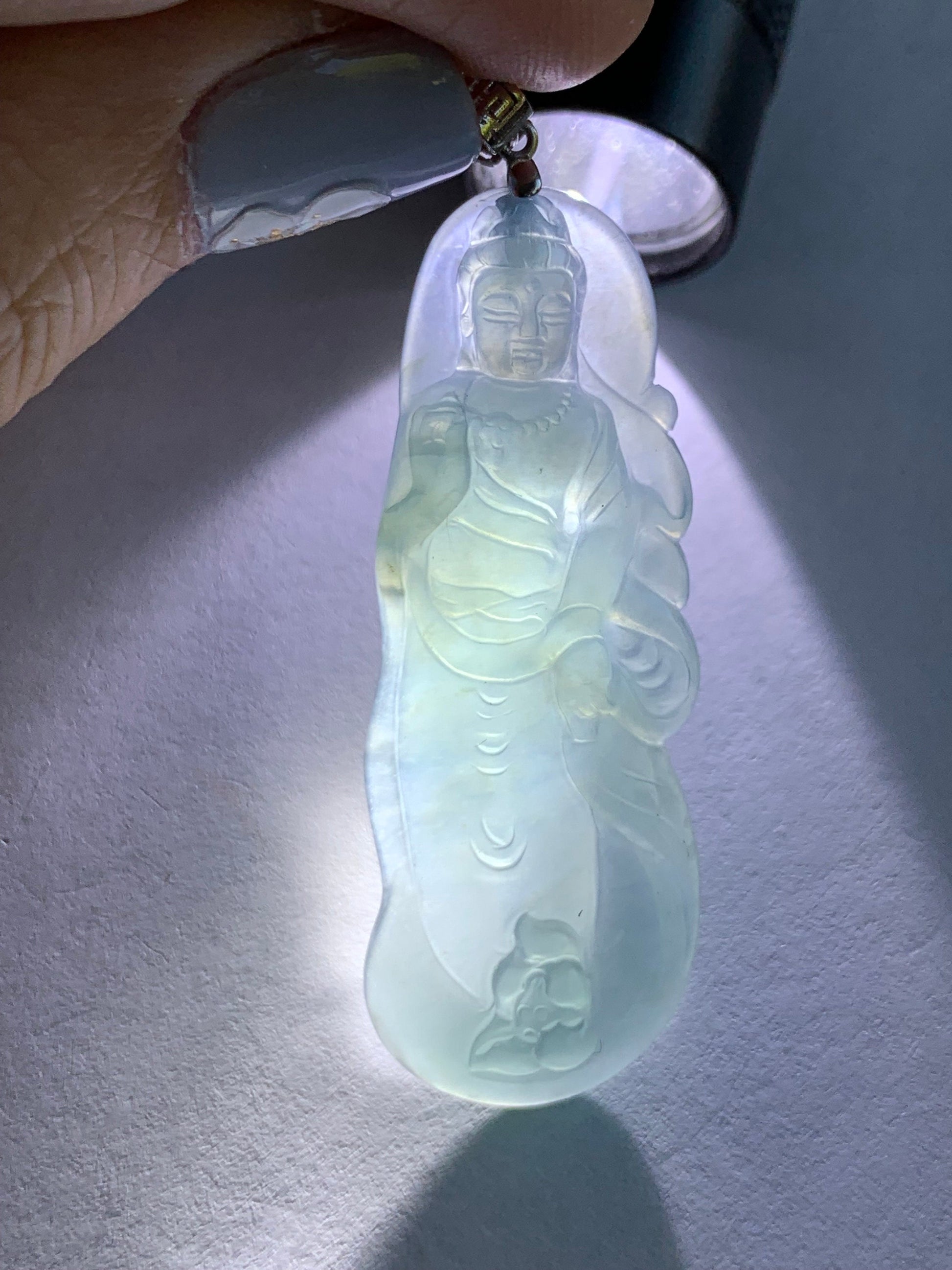 Natural Guatemalan Icy Highly Translucent Gelatinous Blue Jadeite Guanyin Pendant 18K White Gold Bail 天然冰胶危蓝翡翠观音镶嵌吊坠
