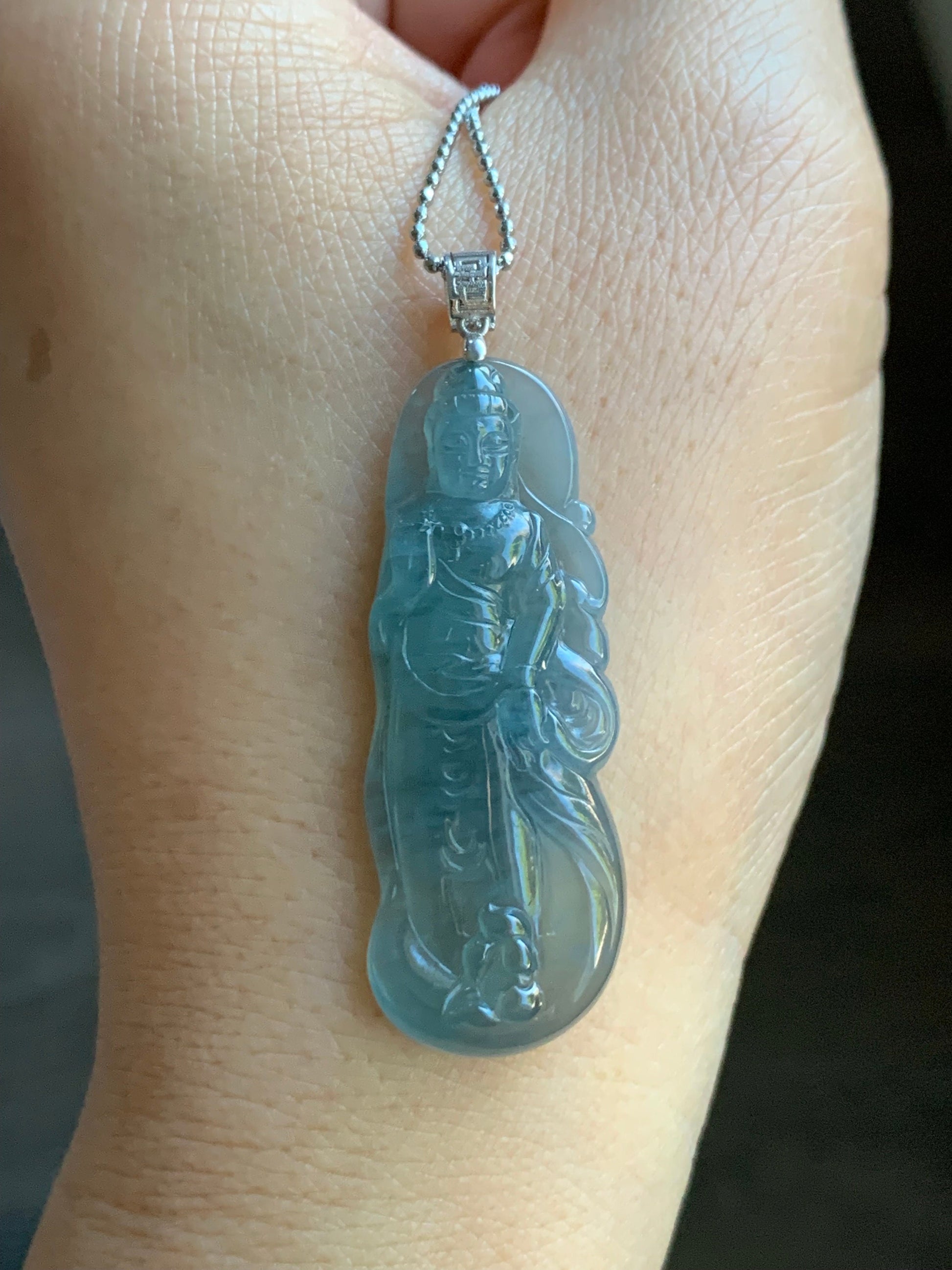 Natural Guatemalan Icy Highly Translucent Gelatinous Blue Jadeite Guanyin Pendant 18K White Gold Bail 天然冰胶危蓝翡翠观音镶嵌吊坠