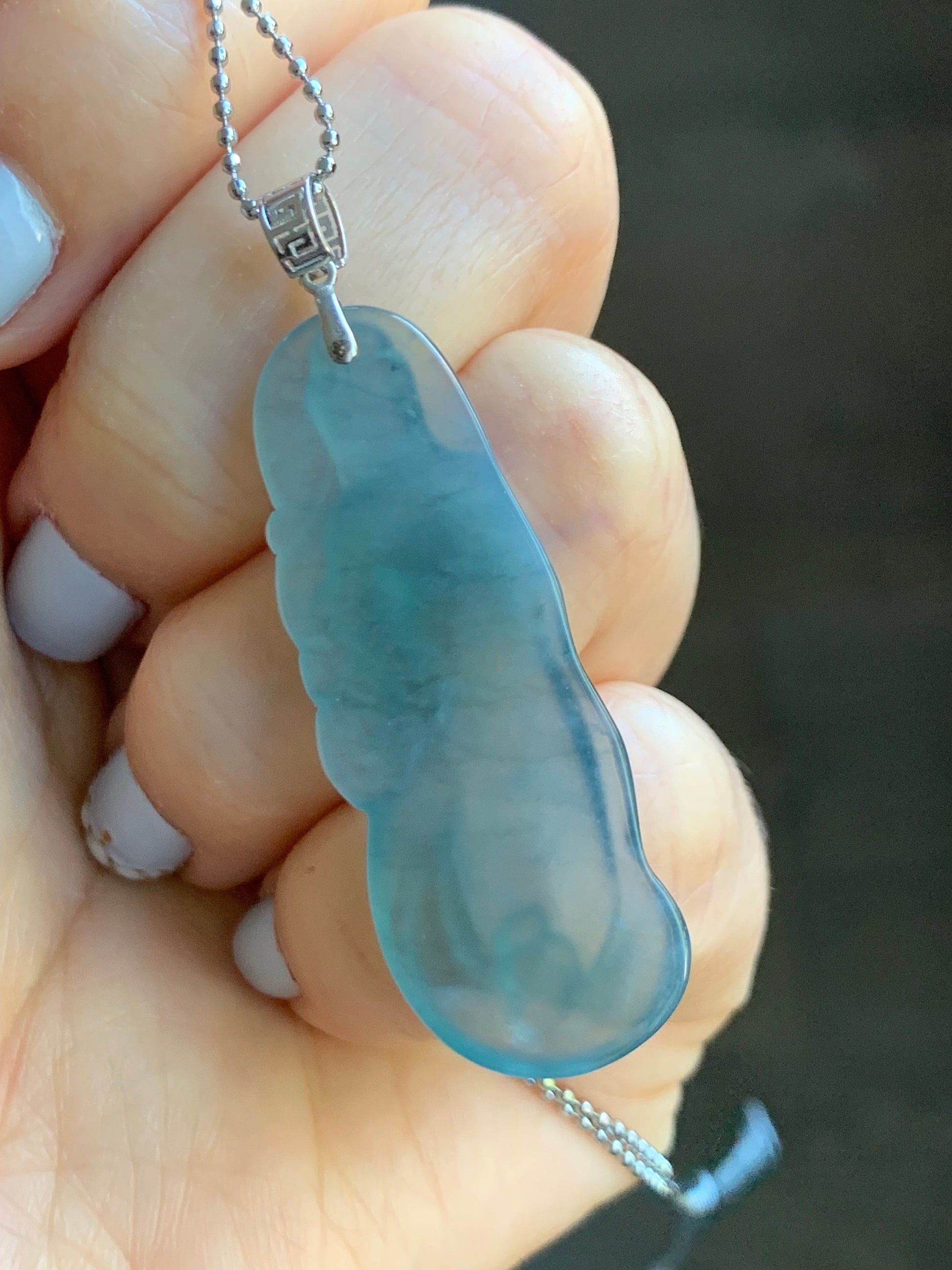 Natural Guatemalan Icy Highly Translucent Gelatinous Blue Jadeite Guanyin Pendant 18K White Gold Bail 天然冰胶危蓝翡翠观音镶嵌吊坠