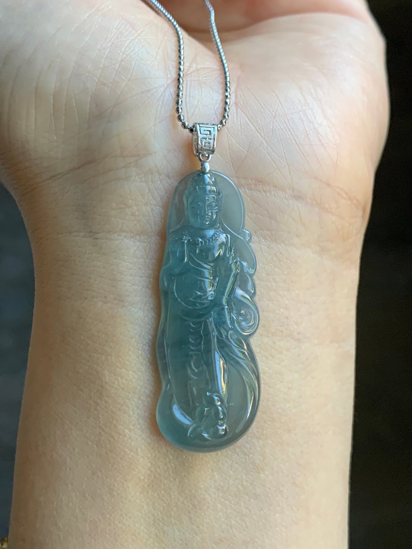 Natural Guatemalan Icy Highly Translucent Gelatinous Blue Jadeite Guanyin Pendant 18K White Gold Bail 天然冰胶危蓝翡翠观音镶嵌吊坠