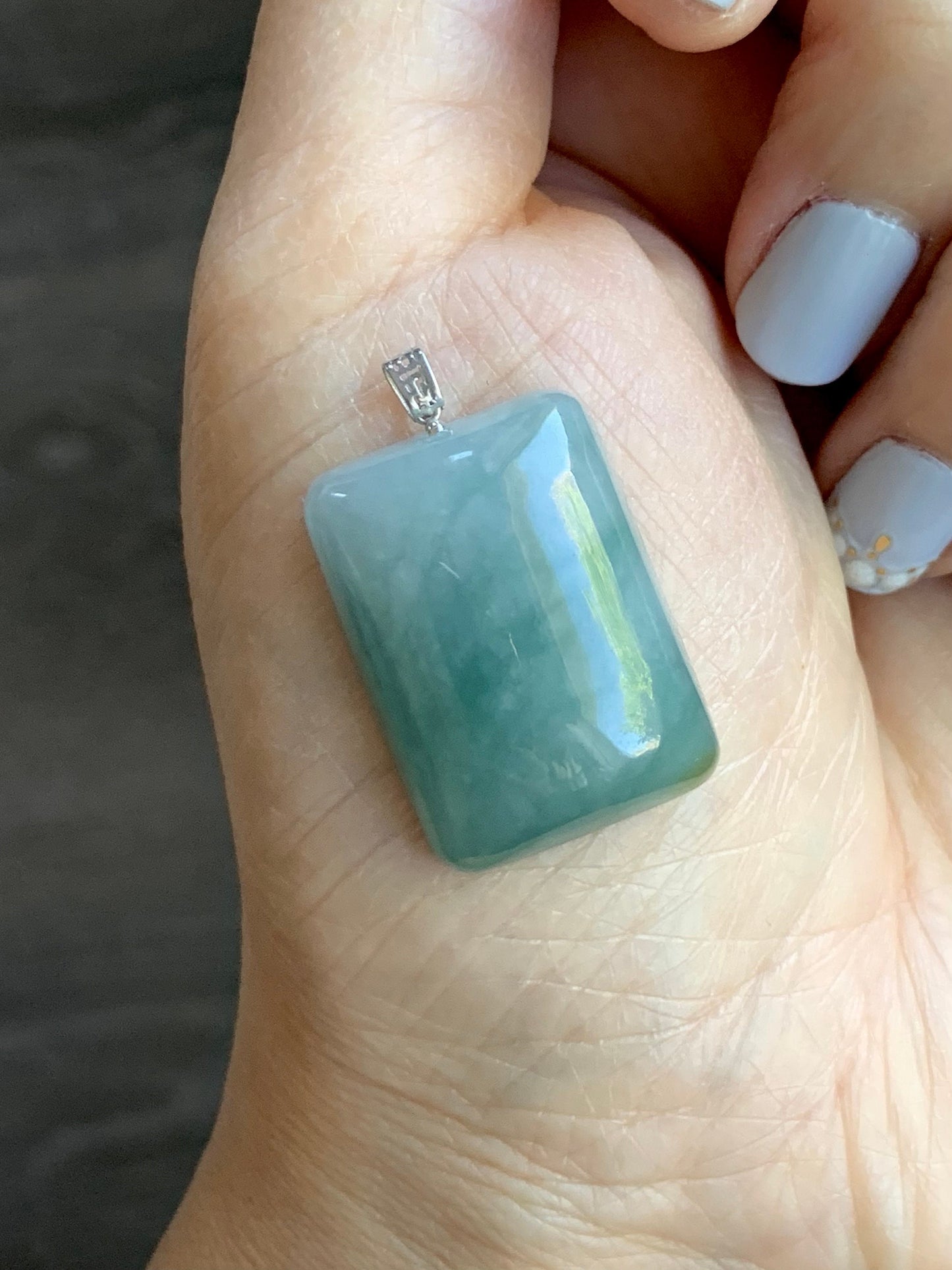 Natural Burmese Icy Translucent Sky Blue Jadeite Rectangle Pendant 18ＫWhite Gold 8g 天然缅甸糯冰天空蓝翡翠牌镶嵌吊坠