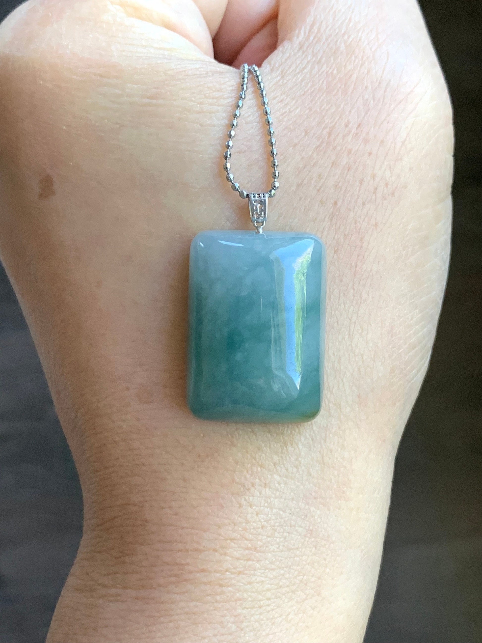 Natural Burmese Icy Translucent Sky Blue Jadeite Rectangle Pendant 18ＫWhite Gold 8g 天然缅甸糯冰天空蓝翡翠牌镶嵌吊坠