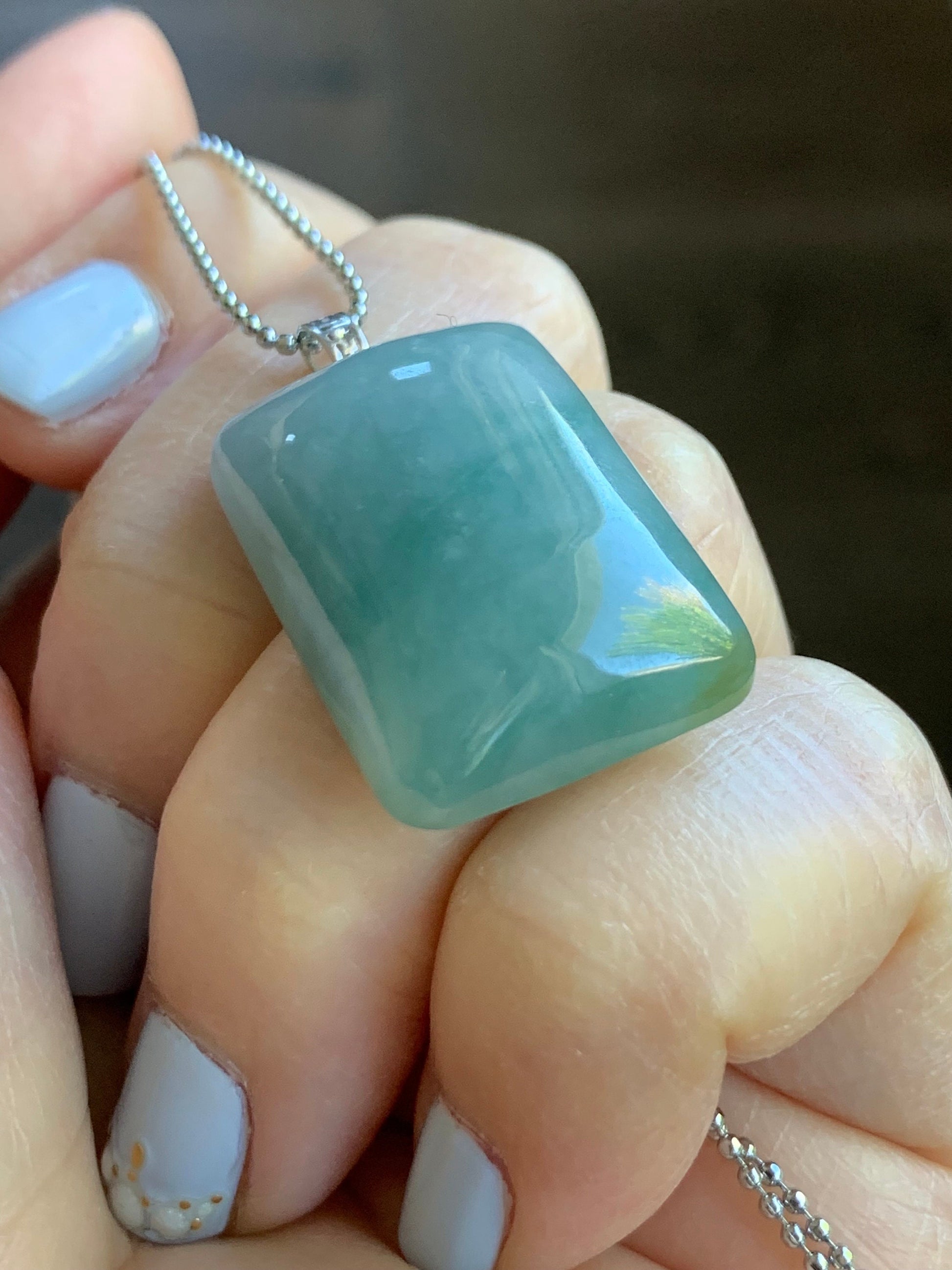 Natural Burmese Icy Translucent Sky Blue Jadeite Rectangle Pendant 18ＫWhite Gold 8g 天然缅甸糯冰天空蓝翡翠牌镶嵌吊坠