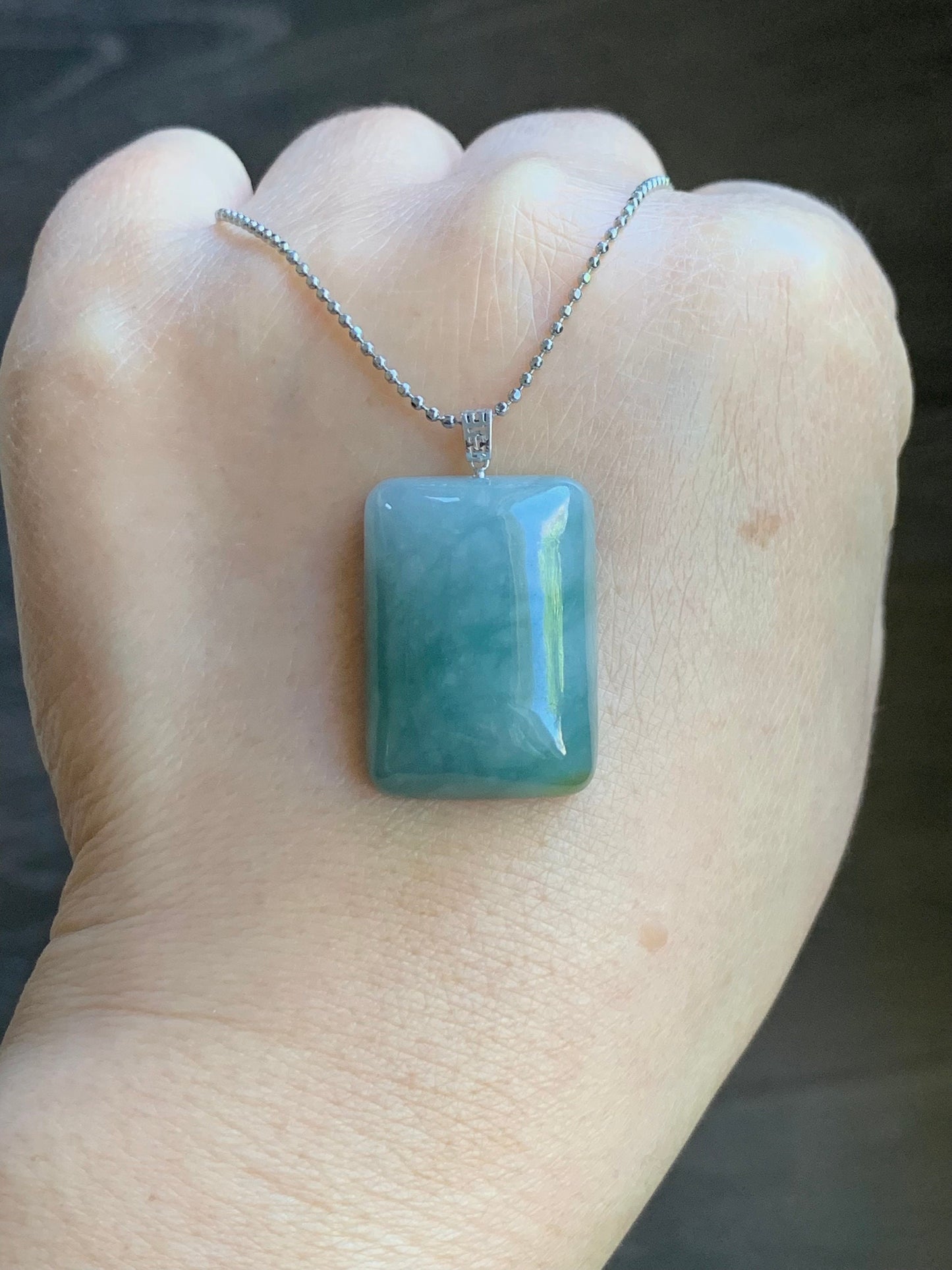 Natural Burmese Icy Translucent Sky Blue Jadeite Rectangle Pendant 18ＫWhite Gold 8g 天然缅甸糯冰天空蓝翡翠牌镶嵌吊坠