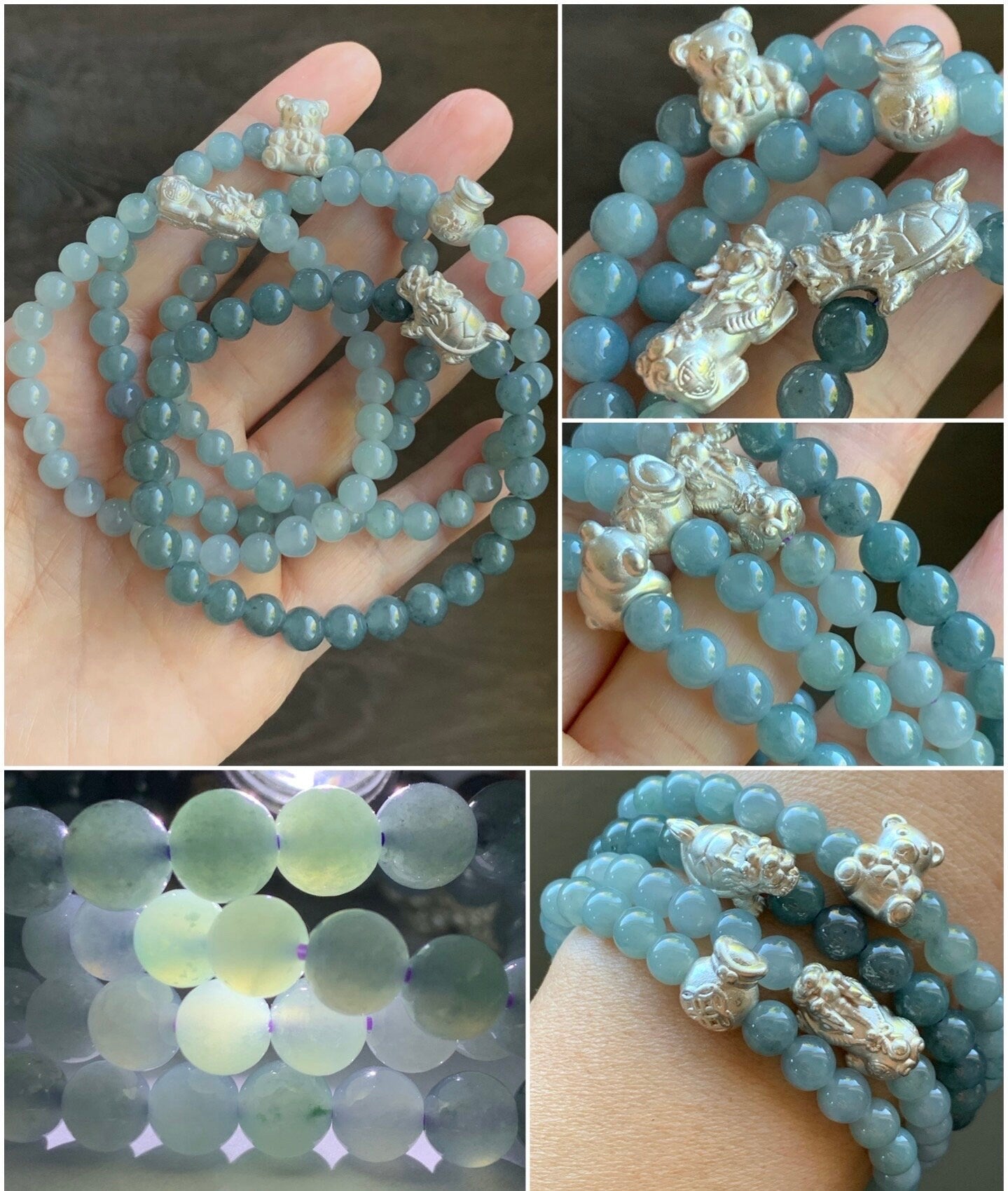 Natural Guatemalan Icy Translucent Icy Light Blue or Dark Dusty Blue Jadeite 999 Sterling Silver Charm Beaded Bracelet 天然冰危蓝翡翠足银珠3D工艺手串