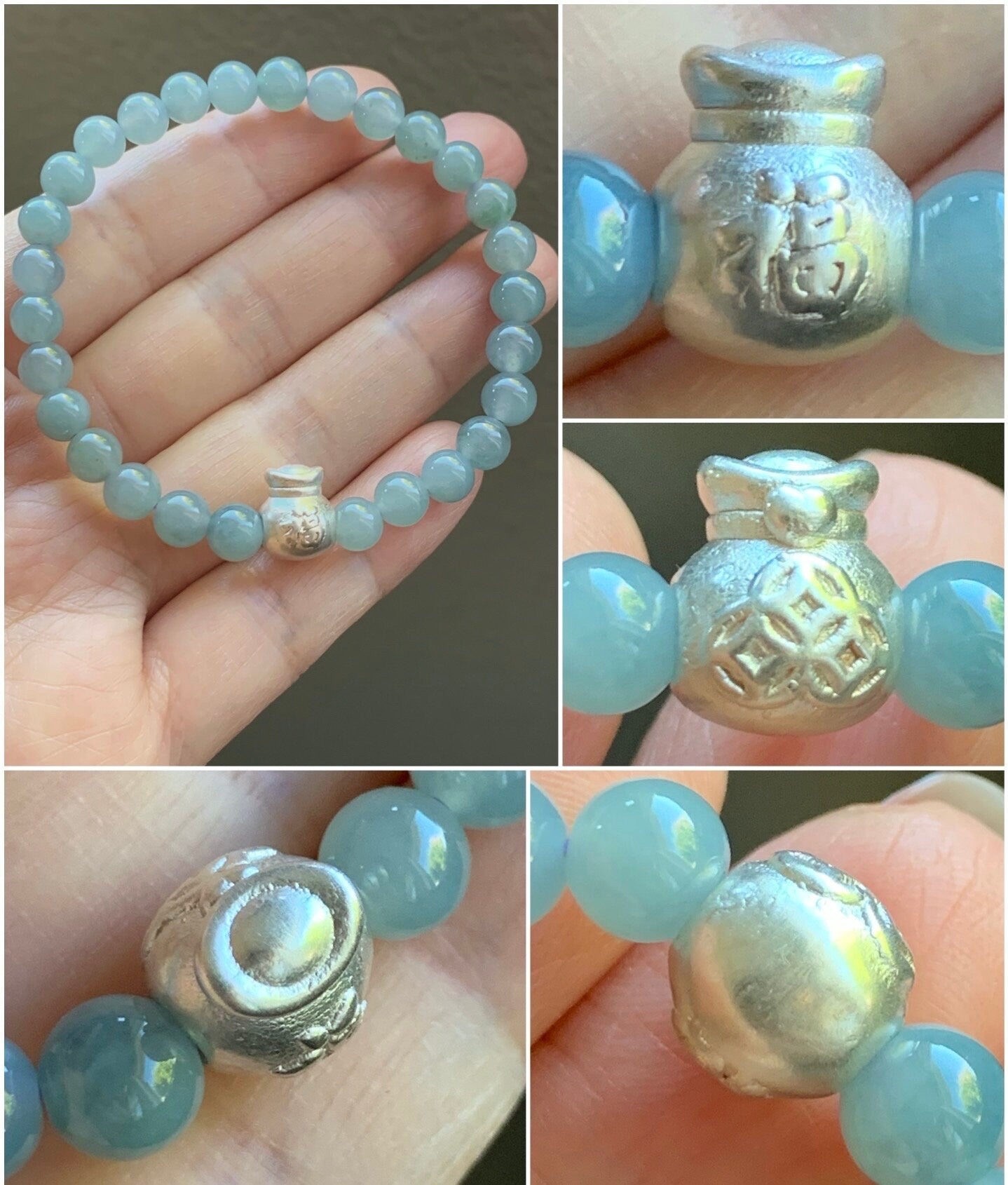 Natural Guatemalan Icy Translucent Icy Light Blue or Dark Dusty Blue Jadeite 999 Sterling Silver Charm Beaded Bracelet 天然冰危蓝翡翠足银珠3D工艺手串