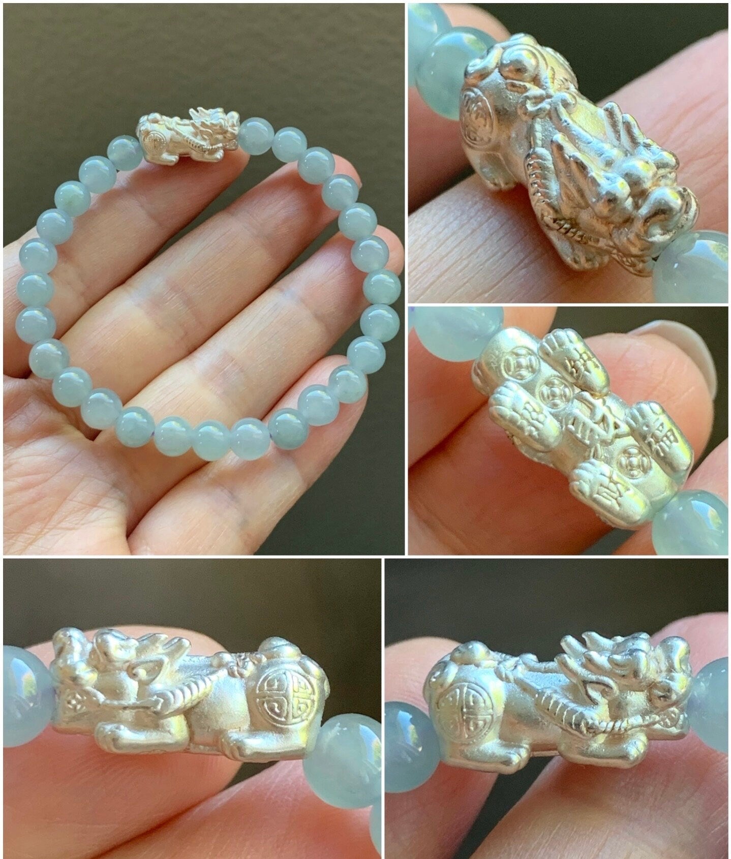 Natural Guatemalan Icy Translucent Icy Light Blue or Dark Dusty Blue Jadeite 999 Sterling Silver Charm Beaded Bracelet 天然冰危蓝翡翠足银珠3D工艺手串